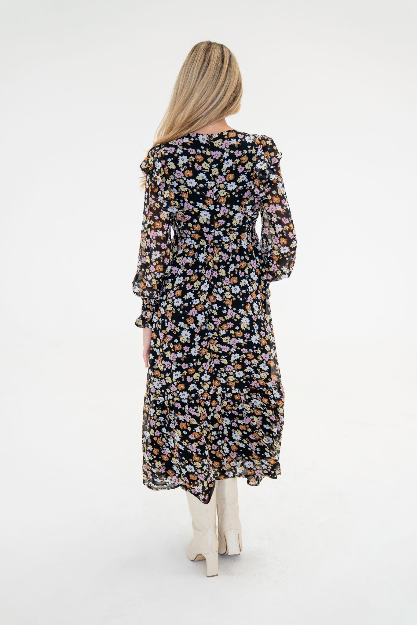 Pansies Floral Midi Dress by Larrea Cove, featuring a vibrant floral pattern ideal for fall. The dress is styled with sunglasses, showcasing a trendy and seasonal look. Perfect for casual outings or special occasions.