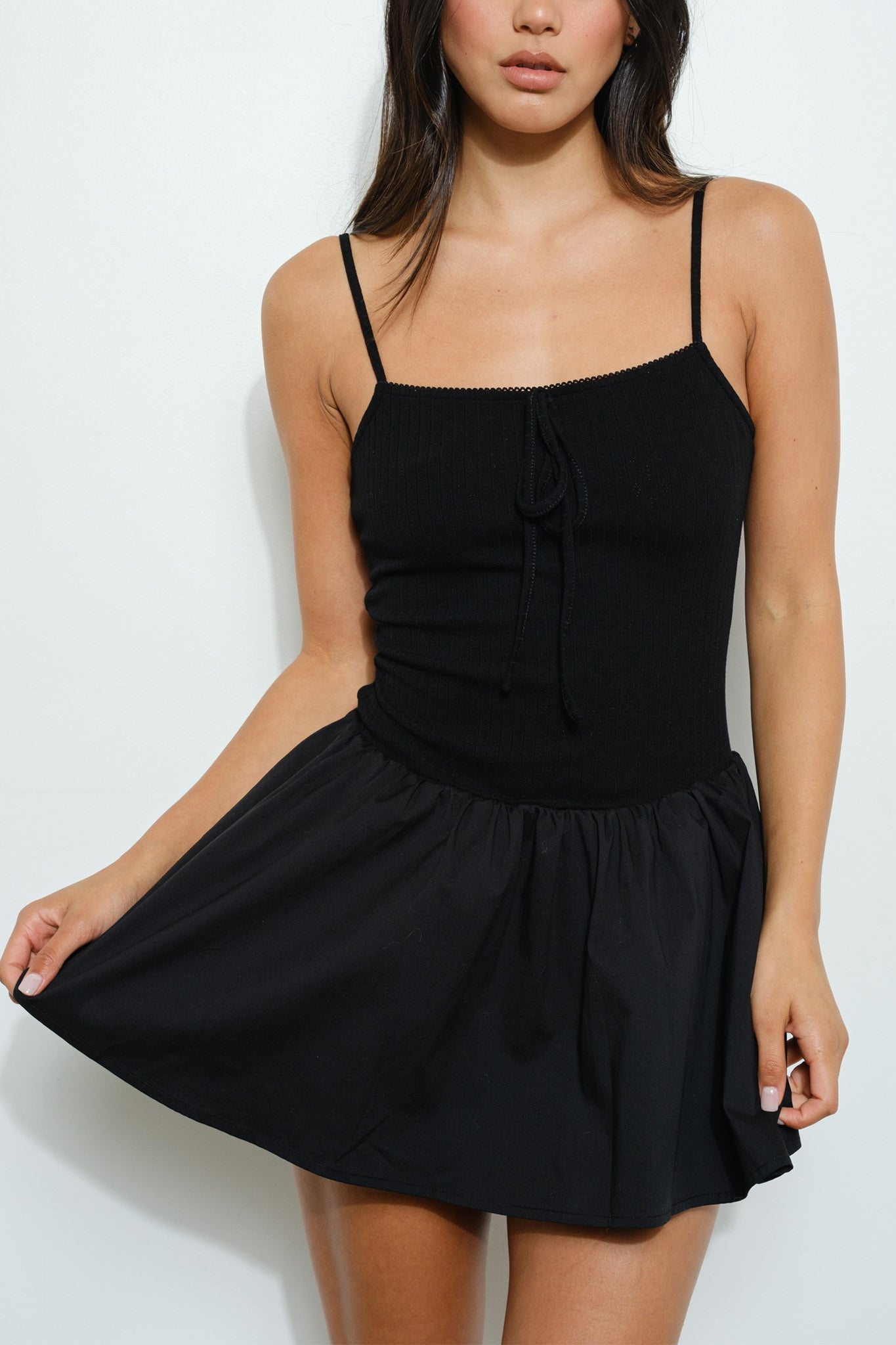 Pointelle Knit & Poplin Mini Dress in Black