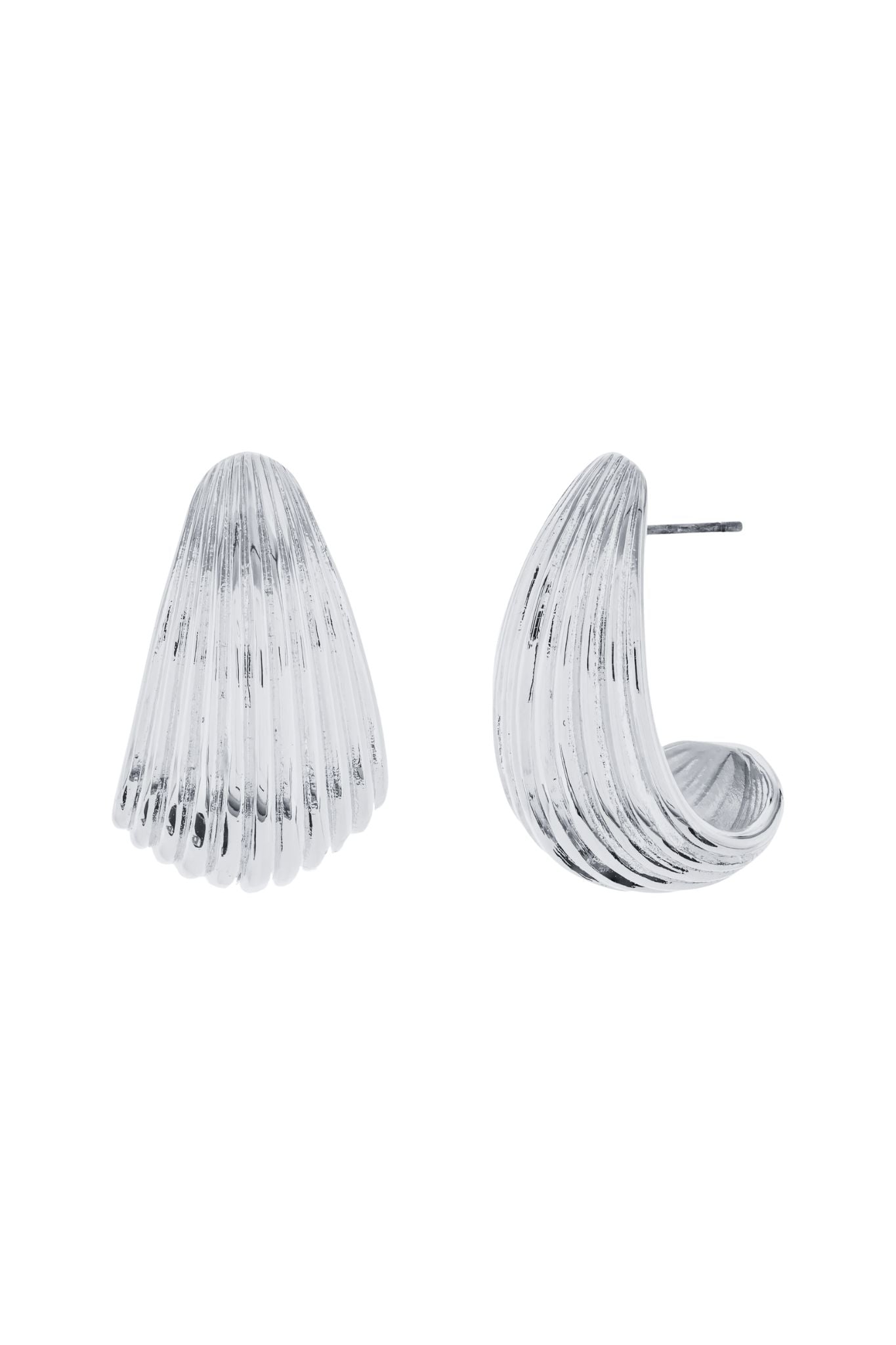 Ribbed silver-tone hoop earring featuring a post-back closure, measuring approximately 1.25 inches in length, displayed against a neutral background.