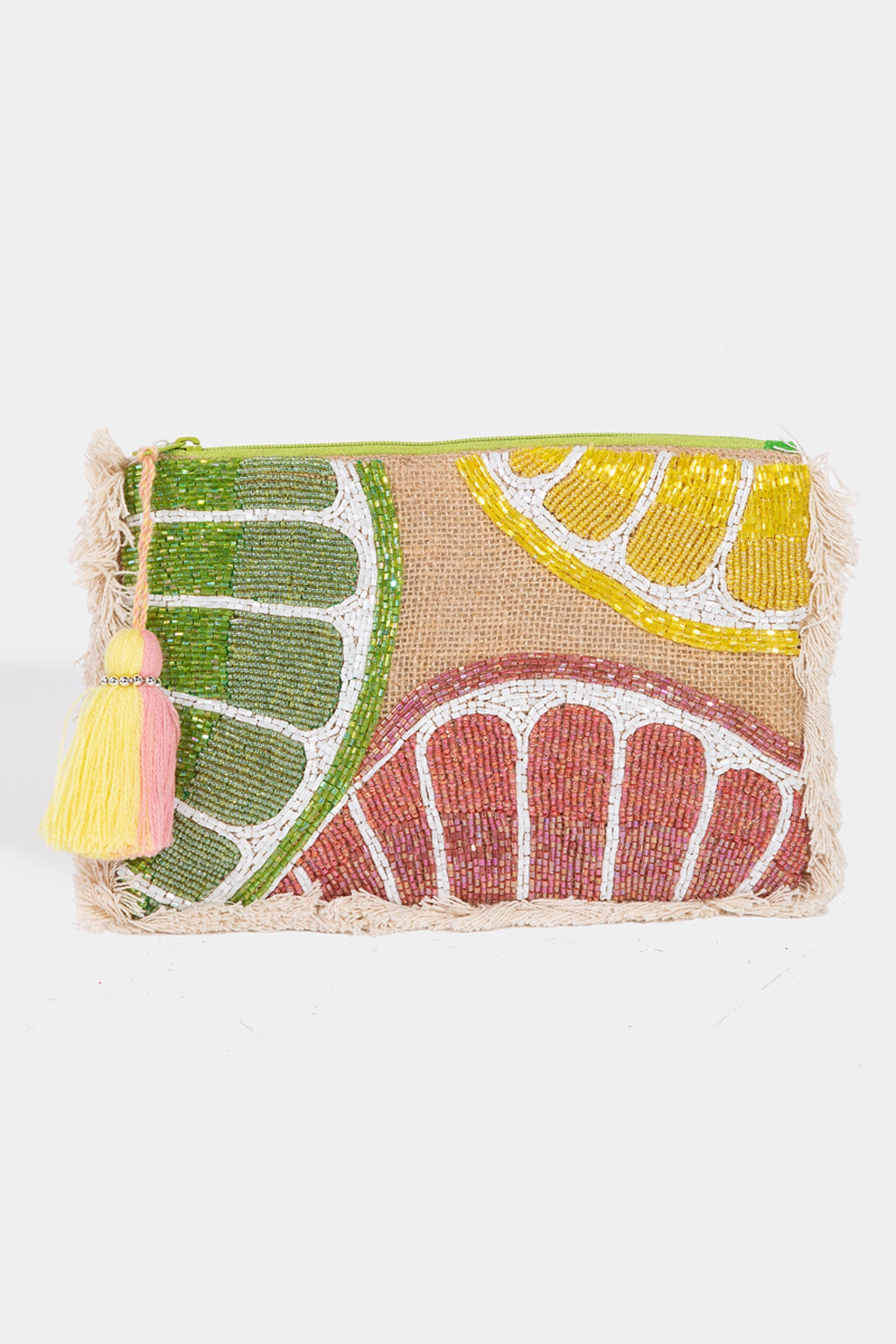 A stylish Summer Citrus Jute Clutch by ANTIK KRAFT, featuring a vibrant citrus-themed design. The clutch is made of jute material, showcasing a summery aesthetic perfect for warm weather. It includes a pair of fashionable sunglasses placed alongside it, enhancing the summer vibe. The product is tagged with various seasonal and vendor identifiers, indicating its new release for July 2024 in the Clutch Bags category.