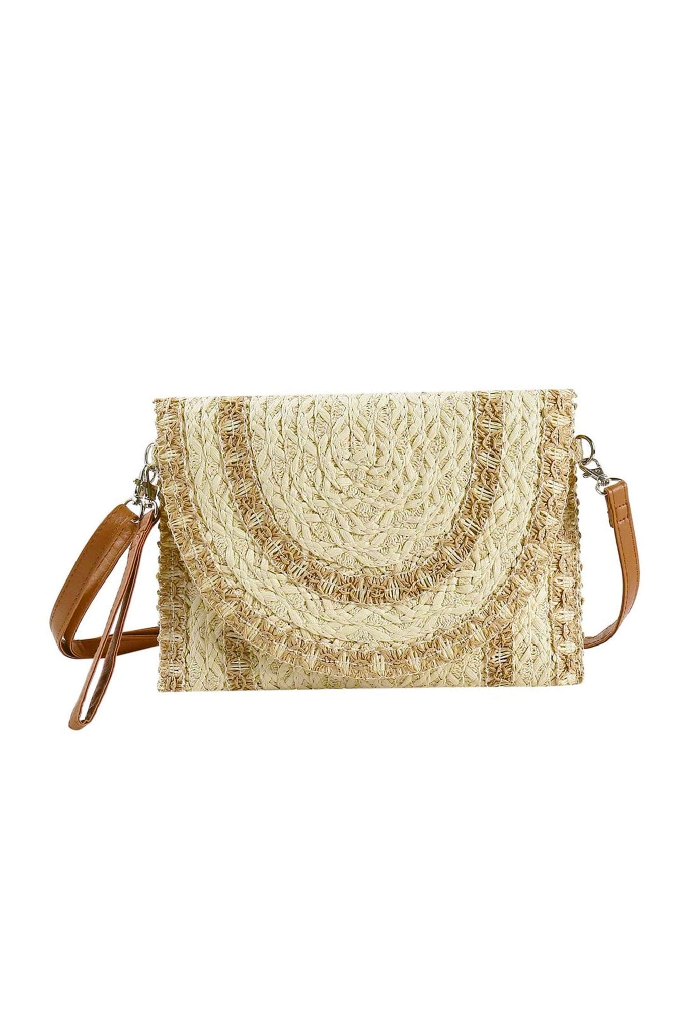 Beige straw crossbody clutch with stitch detail, effortlessly blending boho coastal style from Larrea Cove's new arrivals collection.
