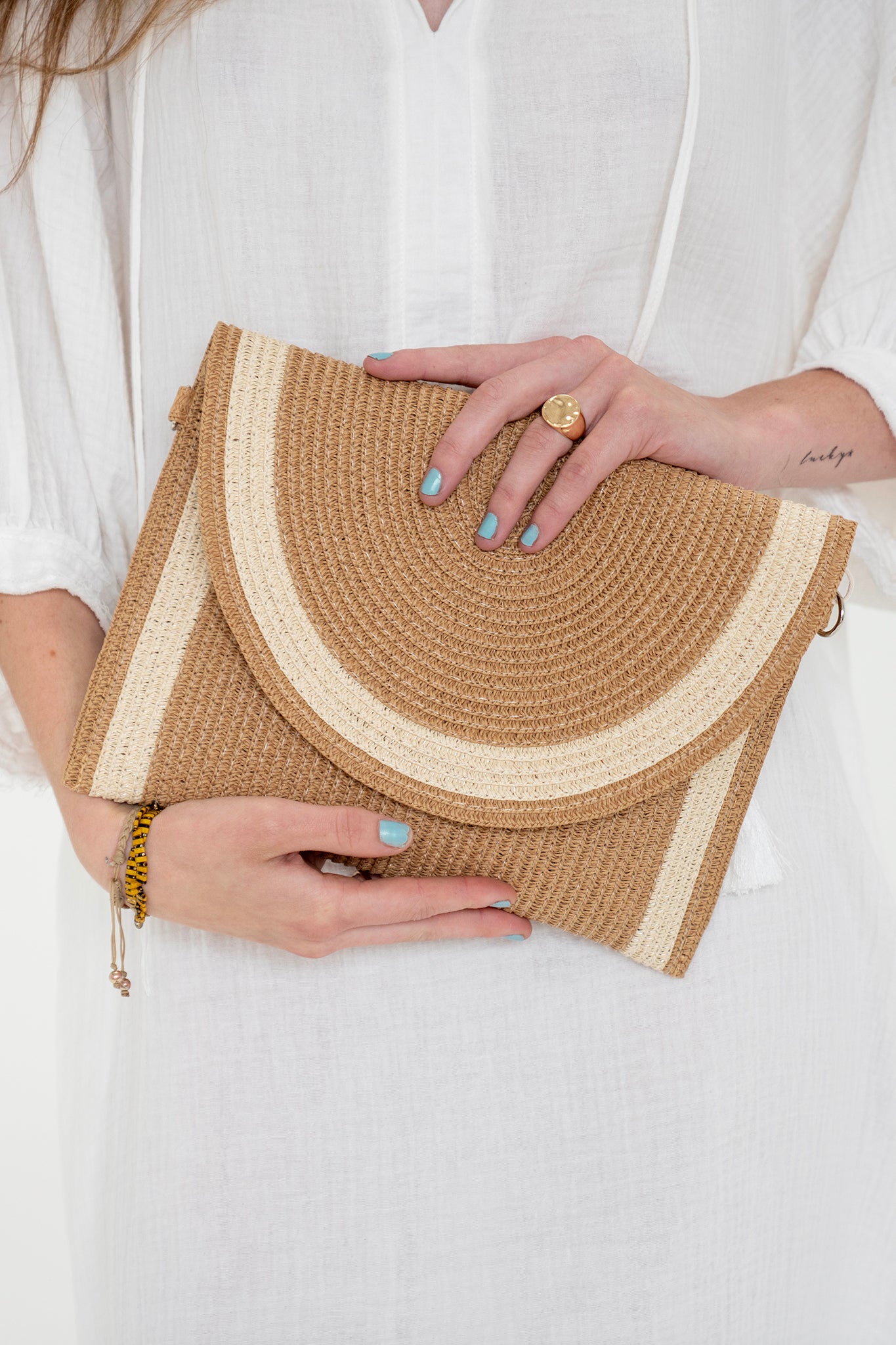 Straw Two Tone Envelope Crossbody & Clutch Bag