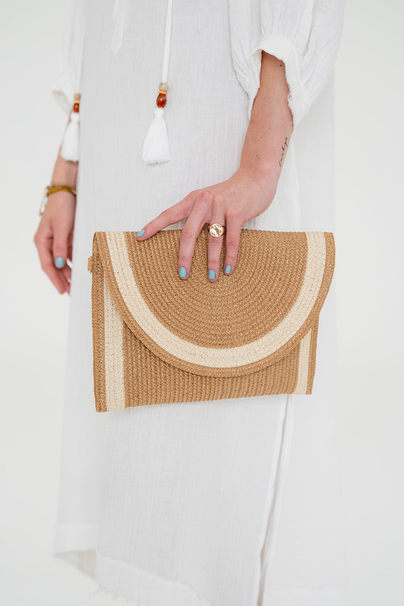 Straw Two Tone Envelope Crossbody & Clutch Bag