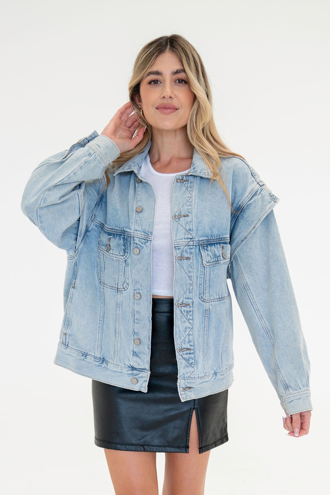 View 1 of Vervet Denim Jacket, a Outerwear from Larrea Cove. Detail: This Vervet Boyfriend Fit Denim Jacket gives you a cool-girl oversized, boy...
