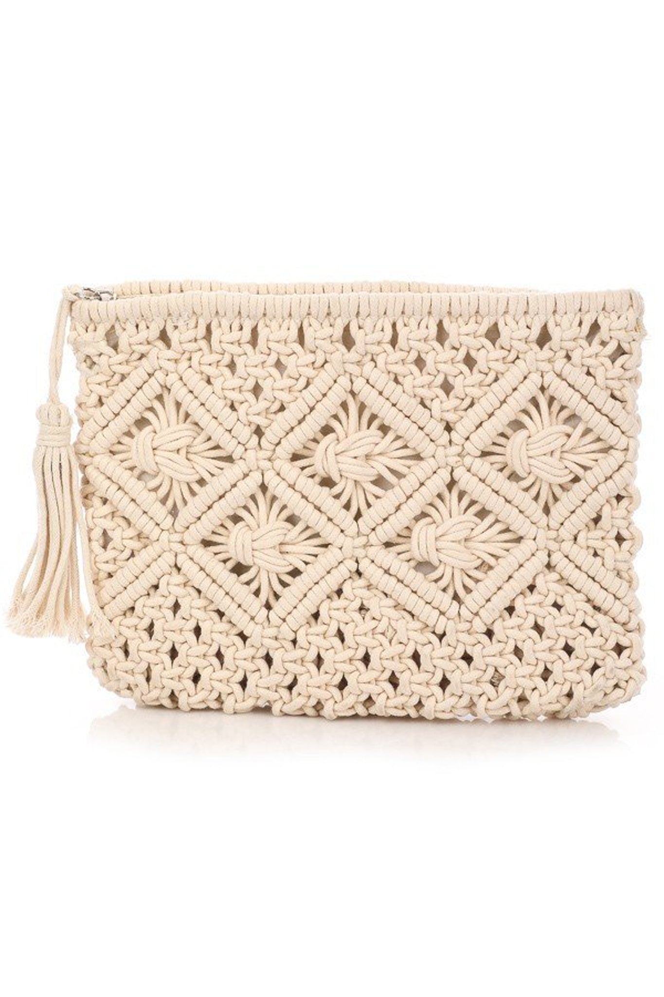 Crochet Tassel Clutch in Ivory