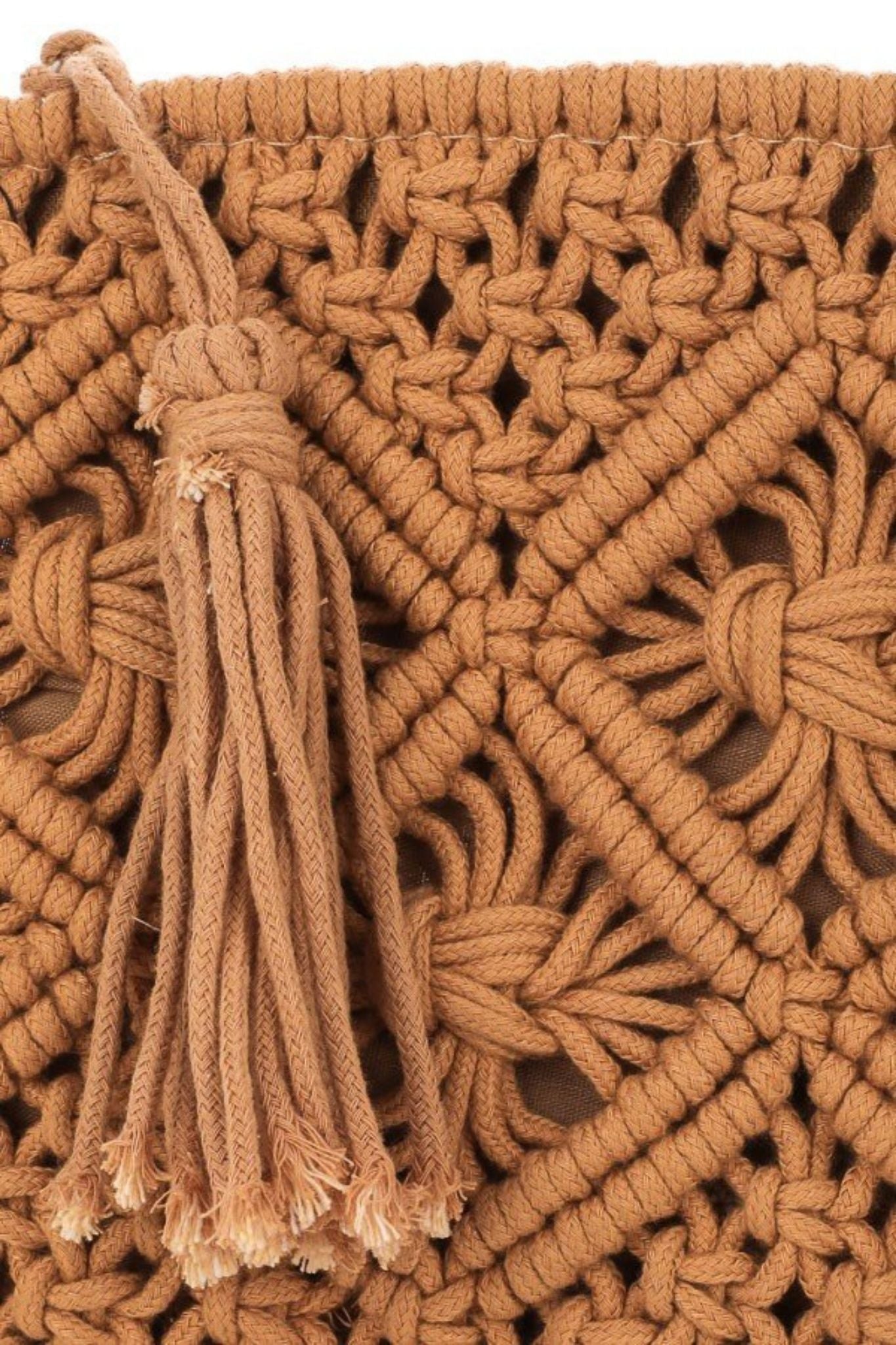 View 2 of Crochet Tassel Clutch in Tan, a Bags from Larrea Cove. Detail: .