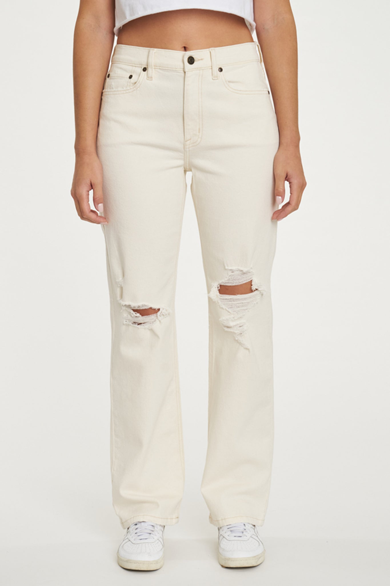 Image of Eunina Codi Dad Jeans in Super Moon, featuring a relaxed fit in creamy wash denim with distressed details. The jeans have a super high rise of 11 inches and a 31-inch inseam, with a five-pocket design, belt loops, and a hidden zip fly with button closure. The fabric composition is 99% cotton and 1% spandex.