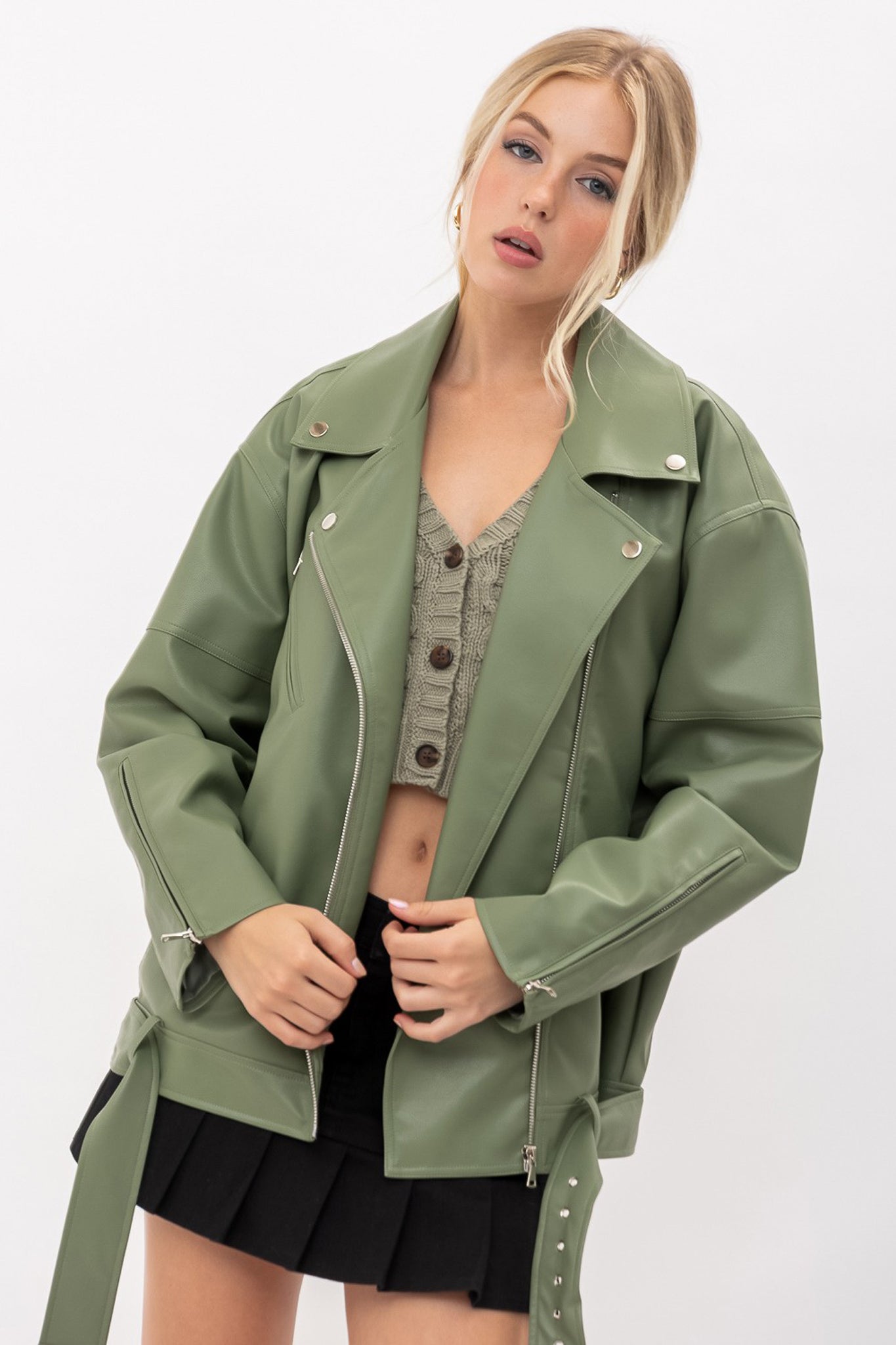 View 2 of Mozo Oversized Biker Jacket in Light Olive, a Jackets from Larrea Cove. Detail: .