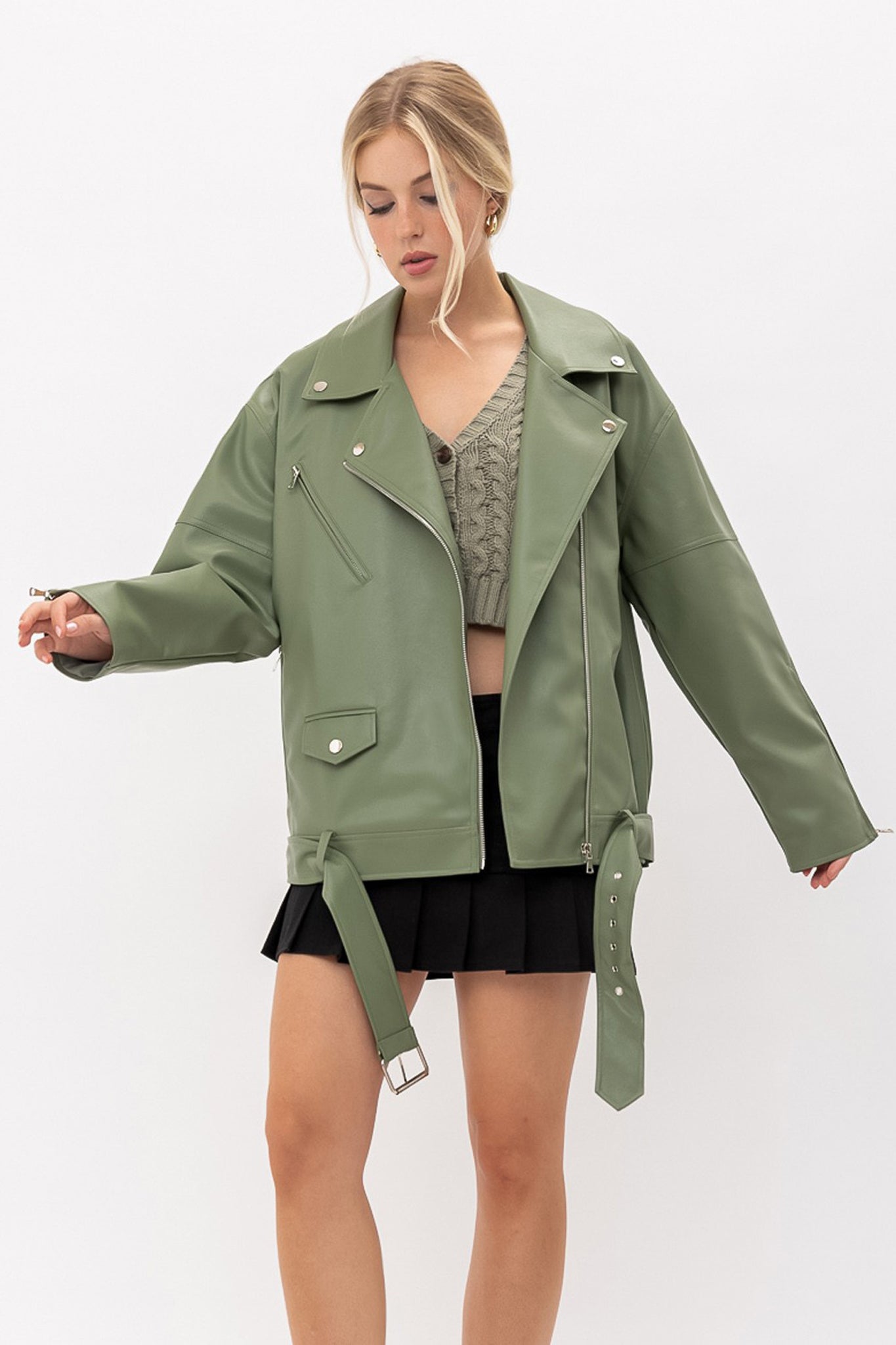 View 3 of Mozo Oversized Biker Jacket in Light Olive, a Jackets from Larrea Cove. Detail: .