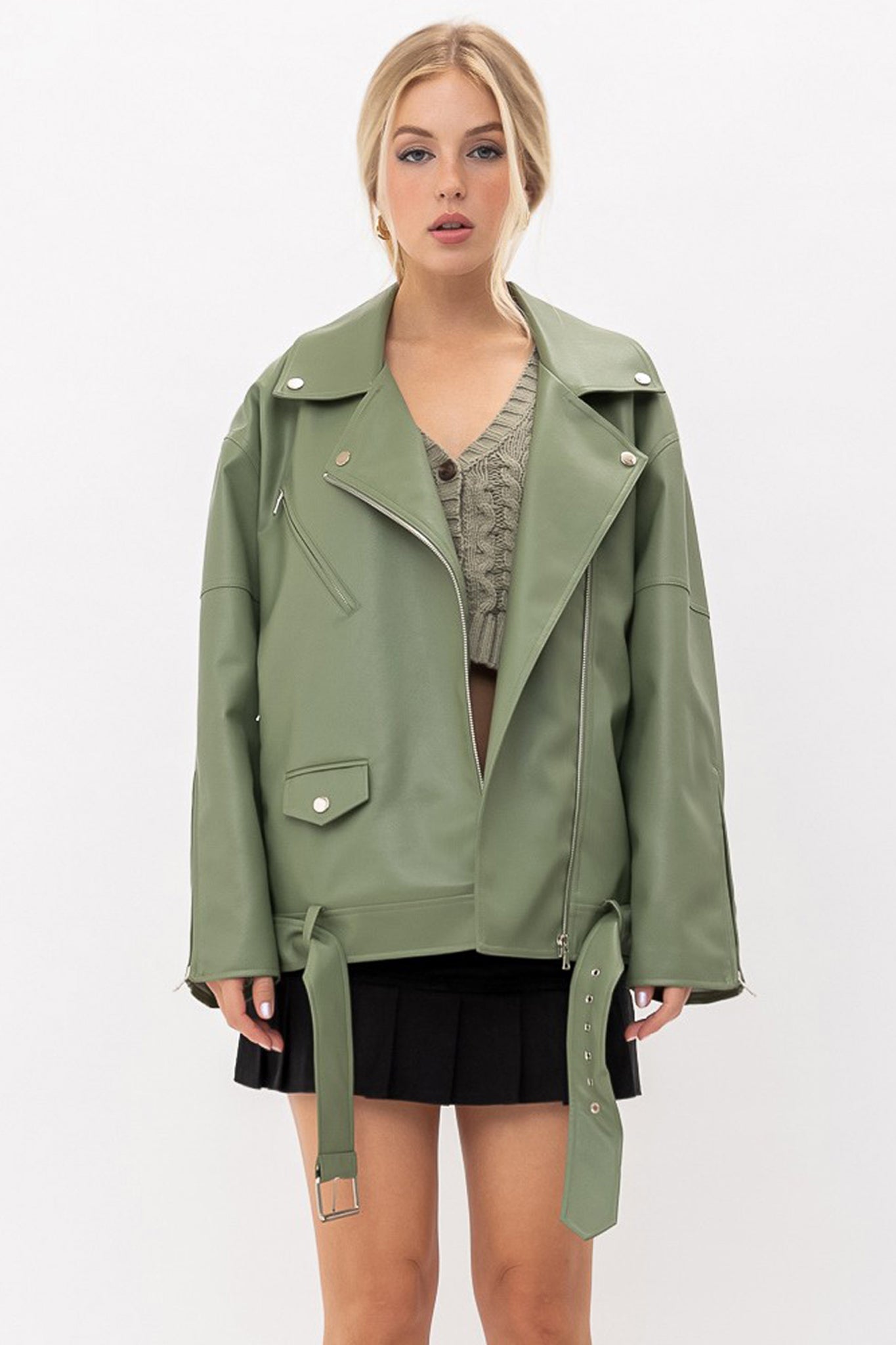 View 4 of Mozo Oversized Biker Jacket in Light Olive, a Jackets from Larrea Cove. Detail: .