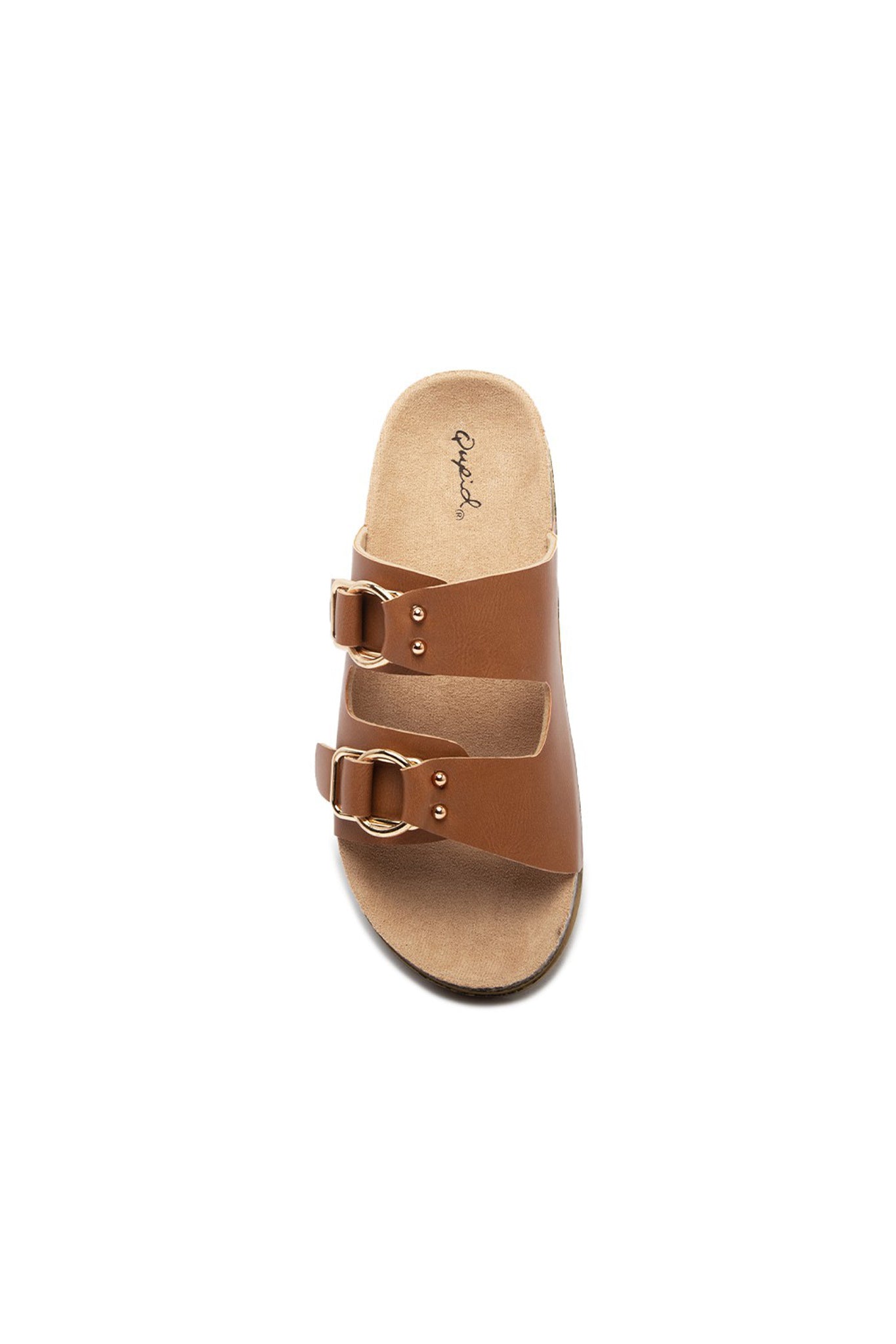 A pair of Qupid Two Band Slide Sandals featuring a minimalist design with two wide straps. The sandals are shown against a neutral background, highlighting their versatility. Accompanying the sandals are stylish sunglasses, suggesting a summer or spring aesthetic. The image conveys a casual, trendy footwear option suitable for warm weather.