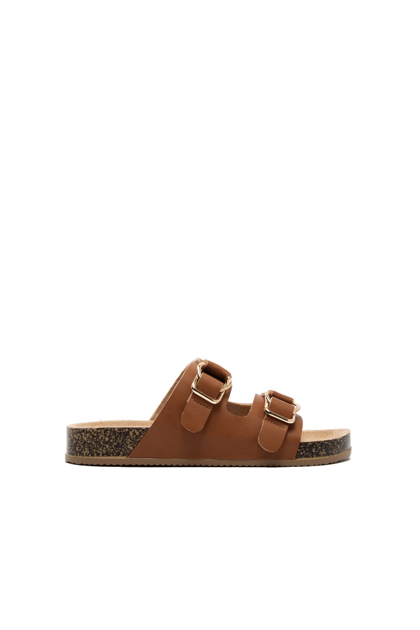 Qupid Two Band Slide Sandal featuring a stylish two-band design, suitable for casual wear. Accompanied by sunglasses, highlighting a fashionable summer look. Tags include last-chance sale and spring 2023 collection.