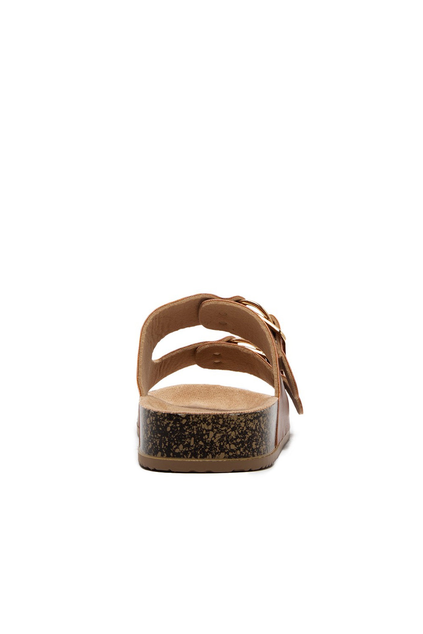 Qupid Two Band Slide Sandal in a stylish design, featuring two wide straps and a comfortable footbed. The sandal is showcased against a neutral background, highlighting its casual summer appeal. Accompanied by sunglasses, the image emphasizes a trendy footwear look for the spring season.