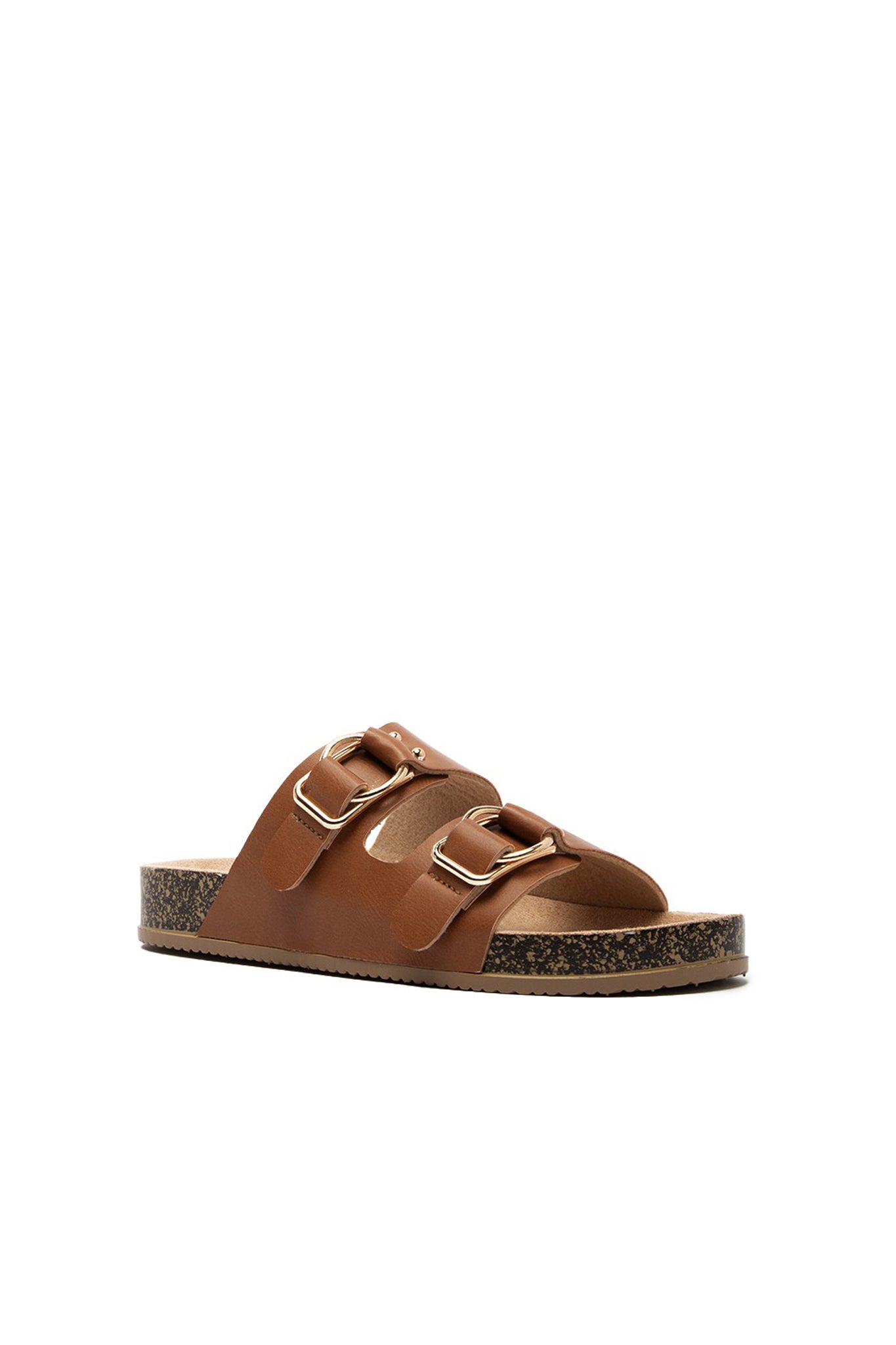 Qupid Two Band Slide Sandal featuring a minimalist design with two wide bands. The sandal is suitable for casual wear and is part of the spring 2023 collection. Accompanied by sunglasses, the product is tagged for sale and marked as a new product from November 2022.