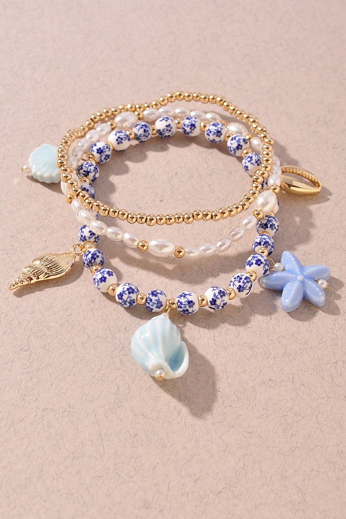 Blue & Gold Shell Charm Bracelet Set