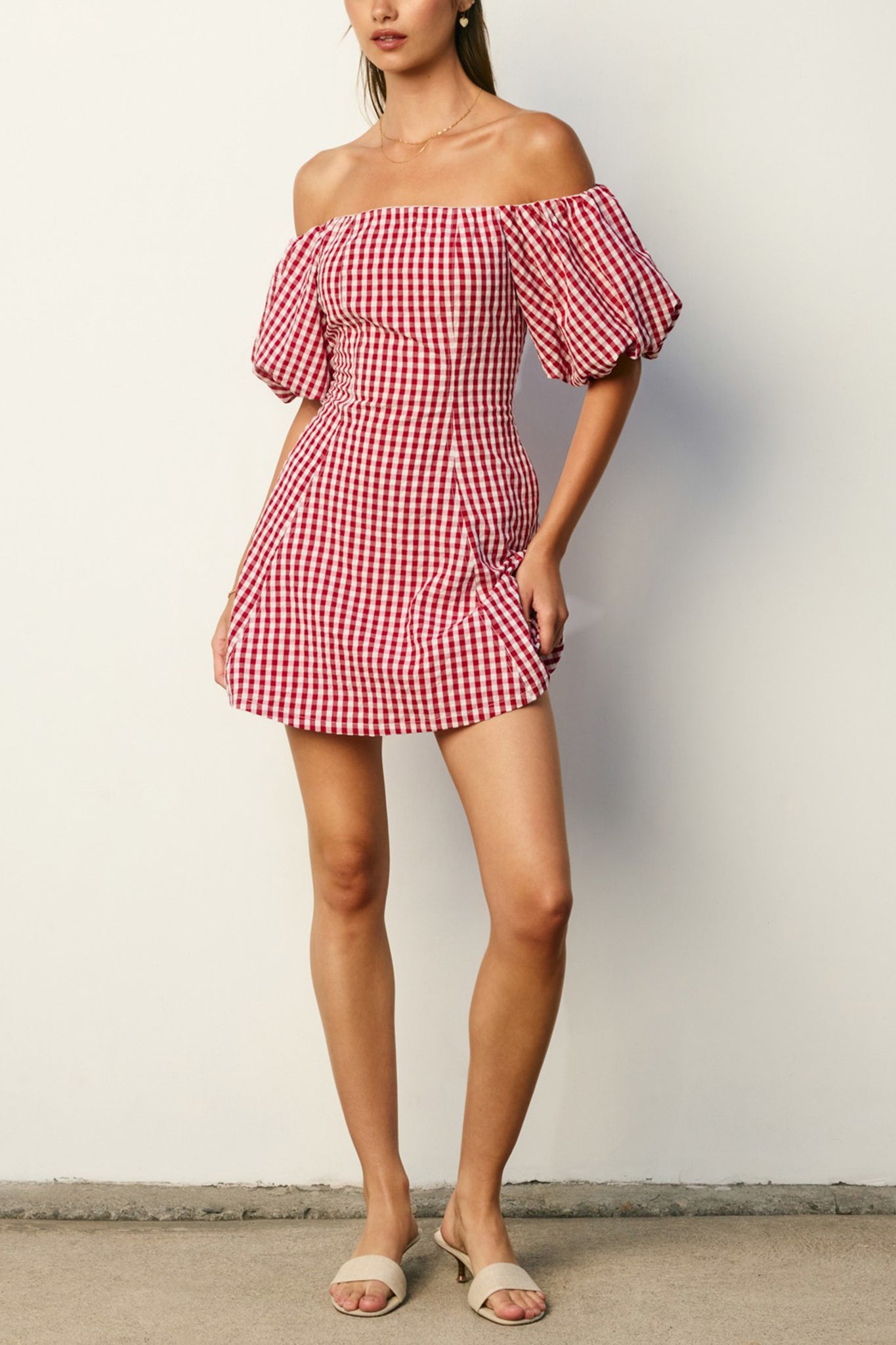 Gingham Off The Shoulder Mini Dress