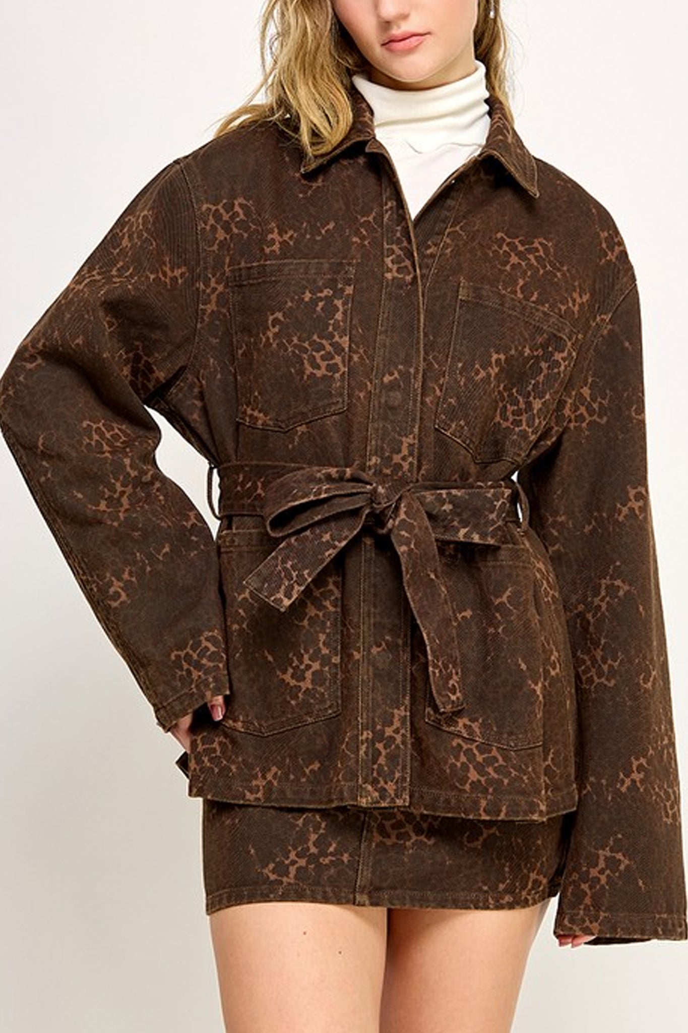 Oversized Leopard Belted Denim Jacket