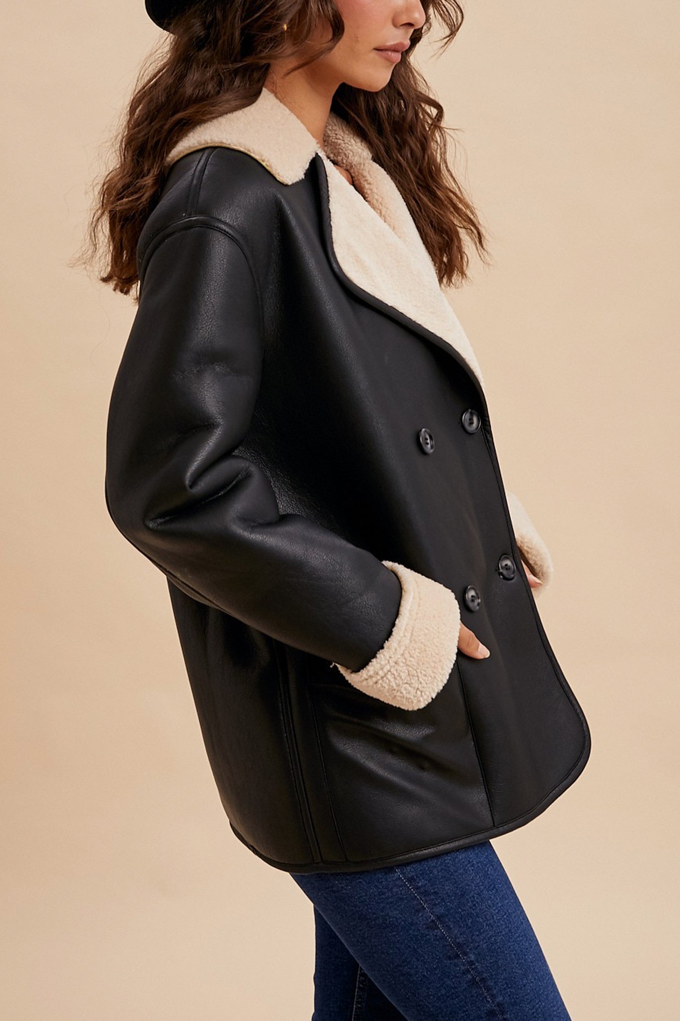 Vegan Faux Leather Shearling Coat