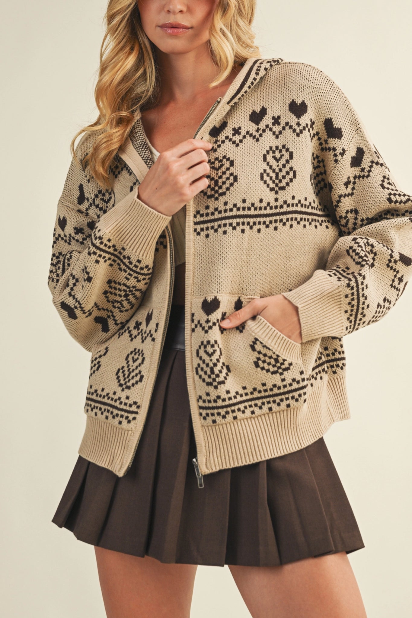 Fair Isle Knit Zip Hoodie