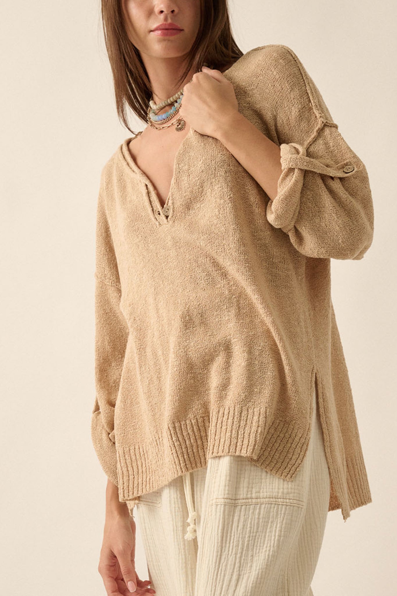 Oversized Henley Sweater Top