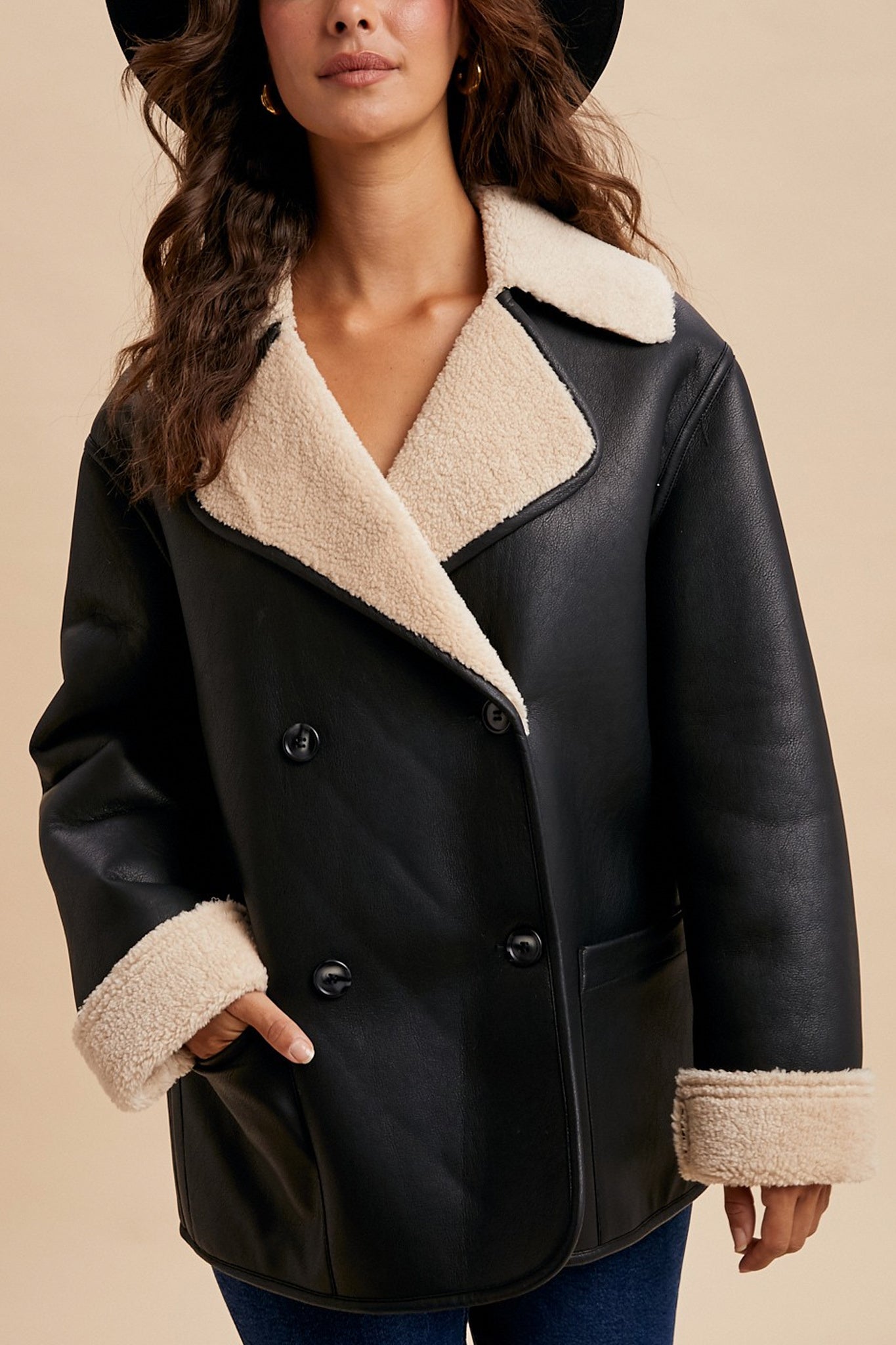 Vegan Faux Leather Shearling Coat