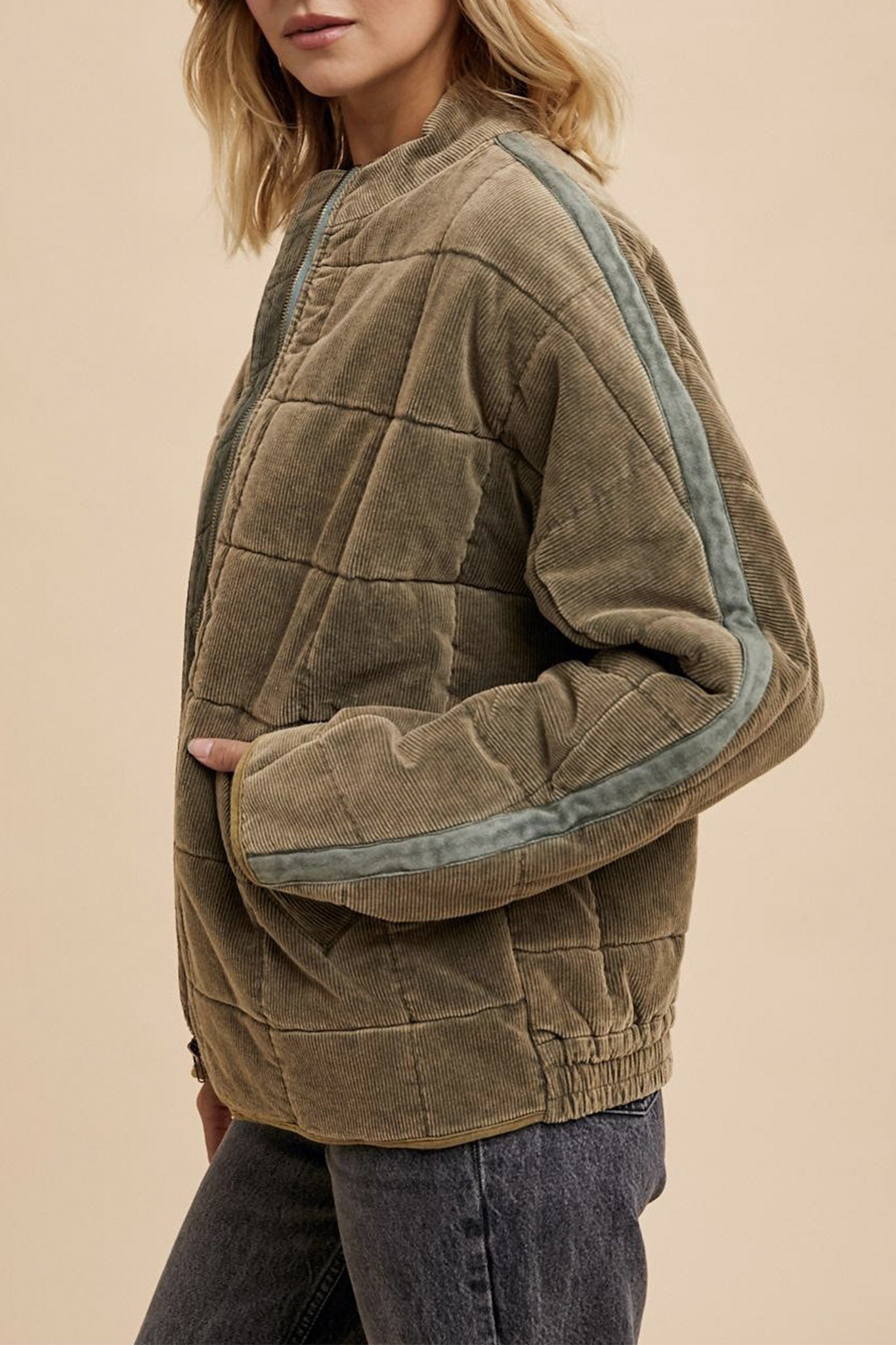 Corduroy Quilted Puffer Jacket in Olive
