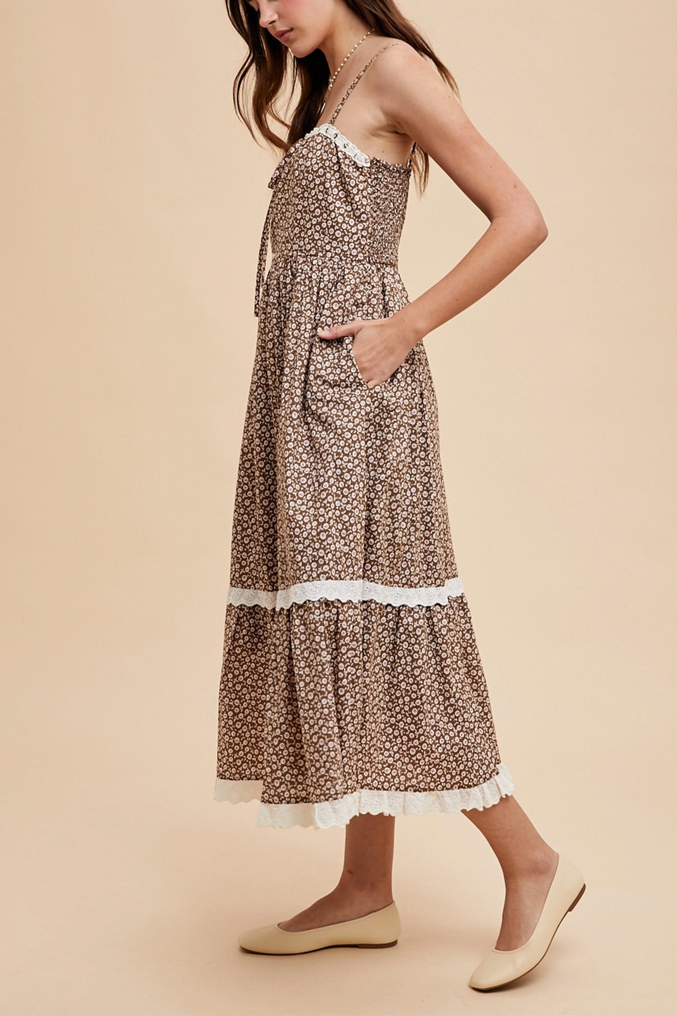 Embrace boho elegance with Larrea Cove's Lace Overlay Maxi Dress, a coastal-inspired piece perfect for sunlit strolls.
