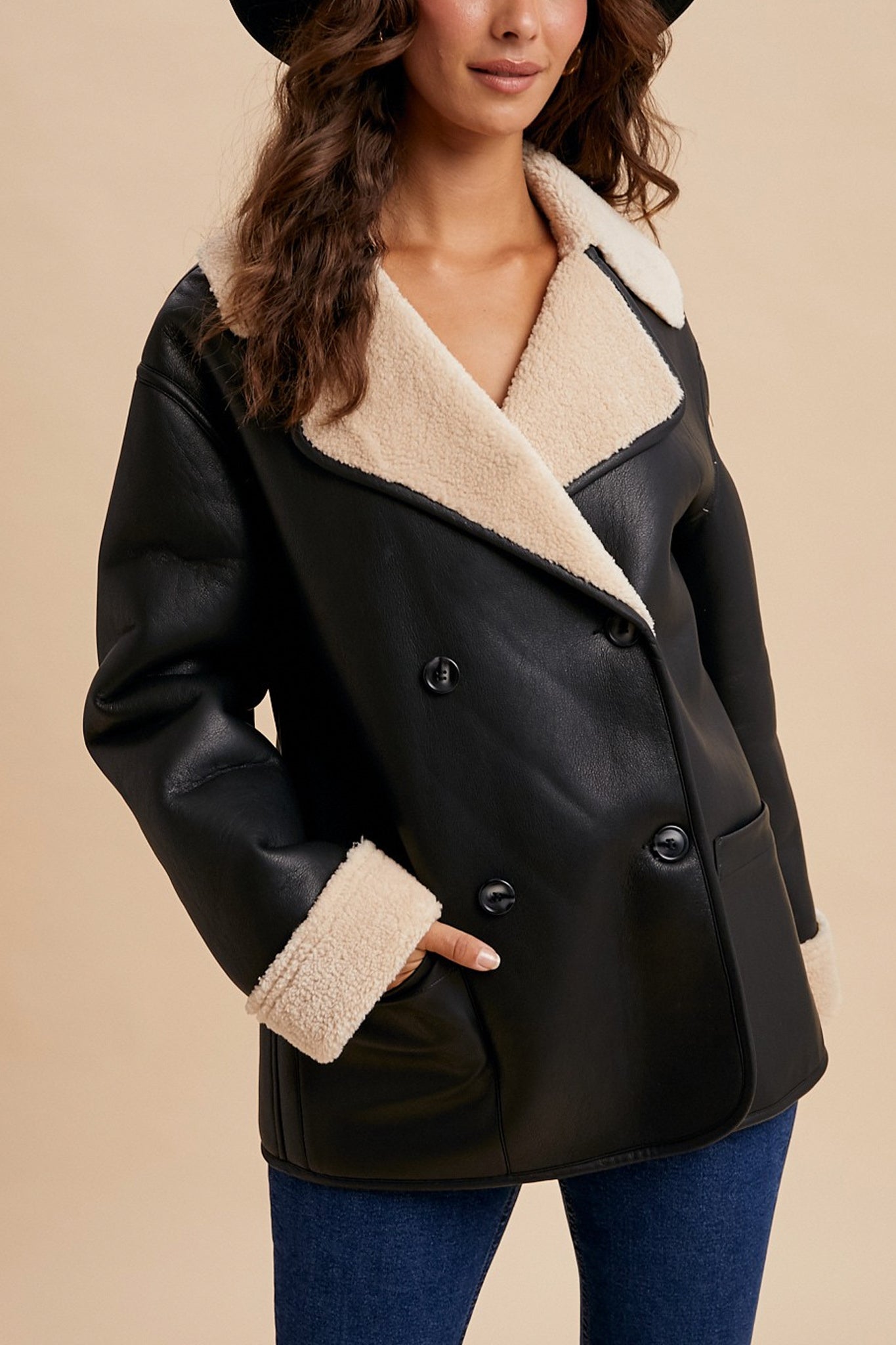 Vegan Faux Leather Shearling Coat