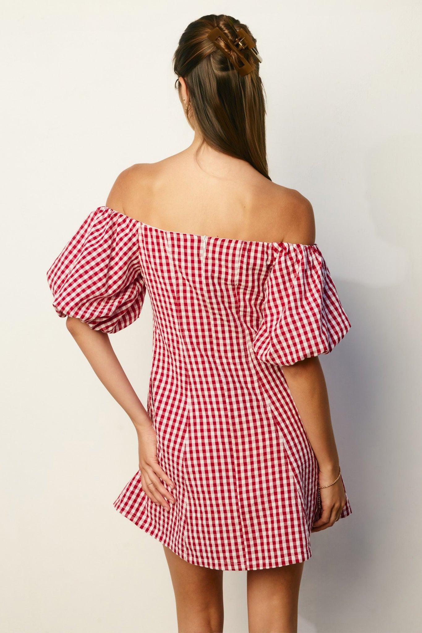 Gingham Off The Shoulder Mini Dress