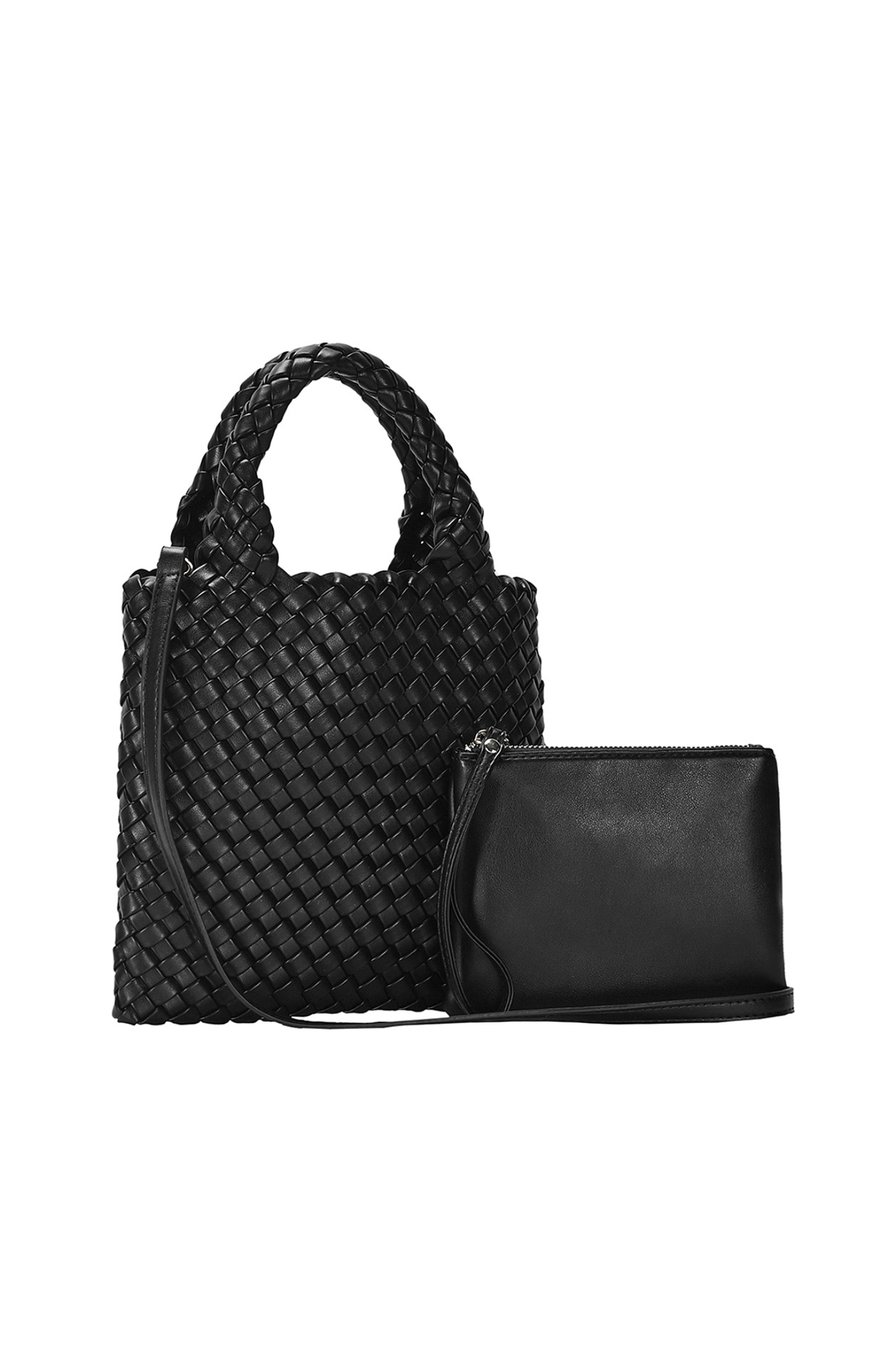 2 in 1 Woven Handle Tote Bag with Clutch Set in Black_Angle