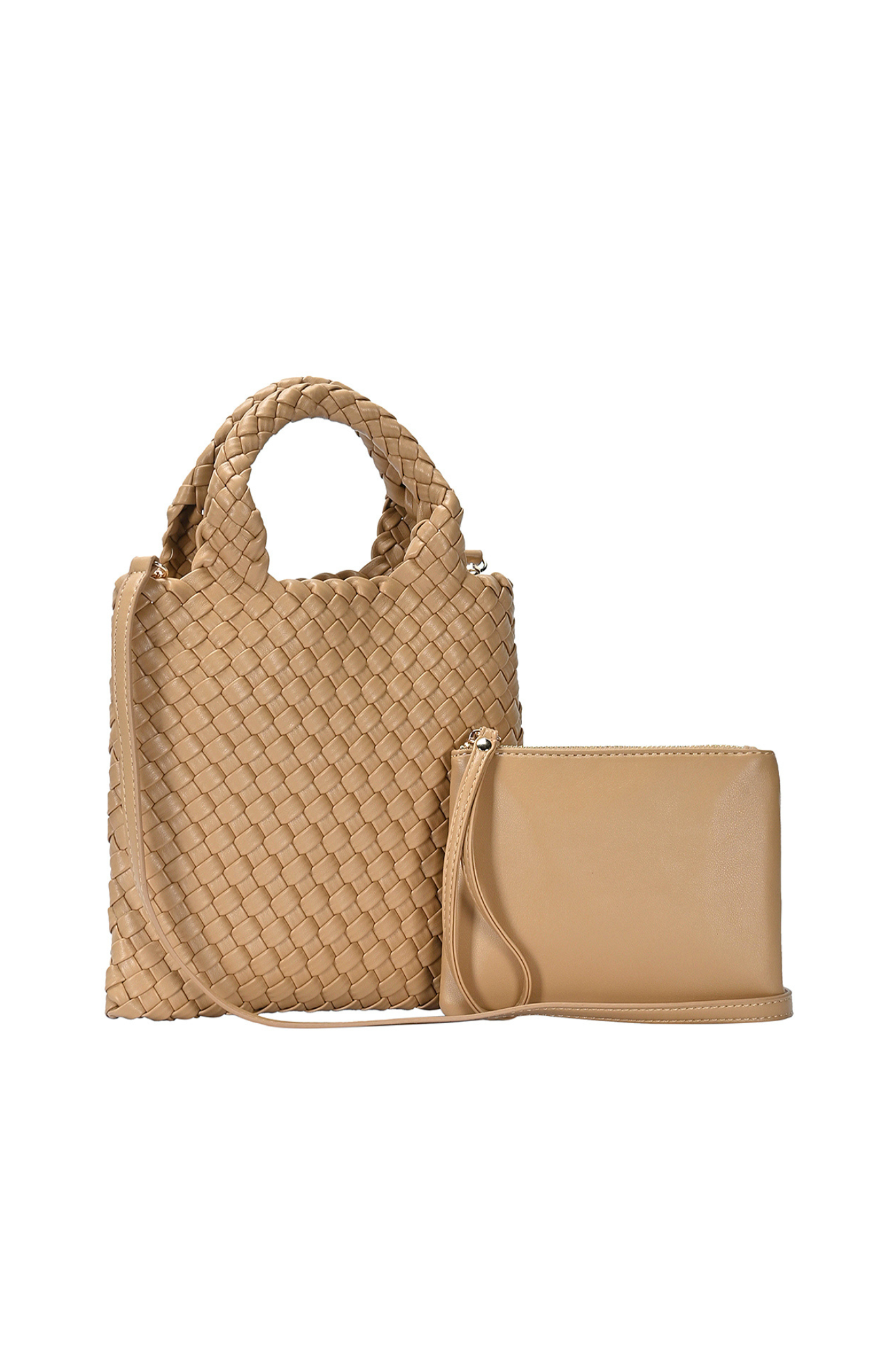 2 in 1 Woven Handle Tote Bag with Clutch Set in Tan_Angle