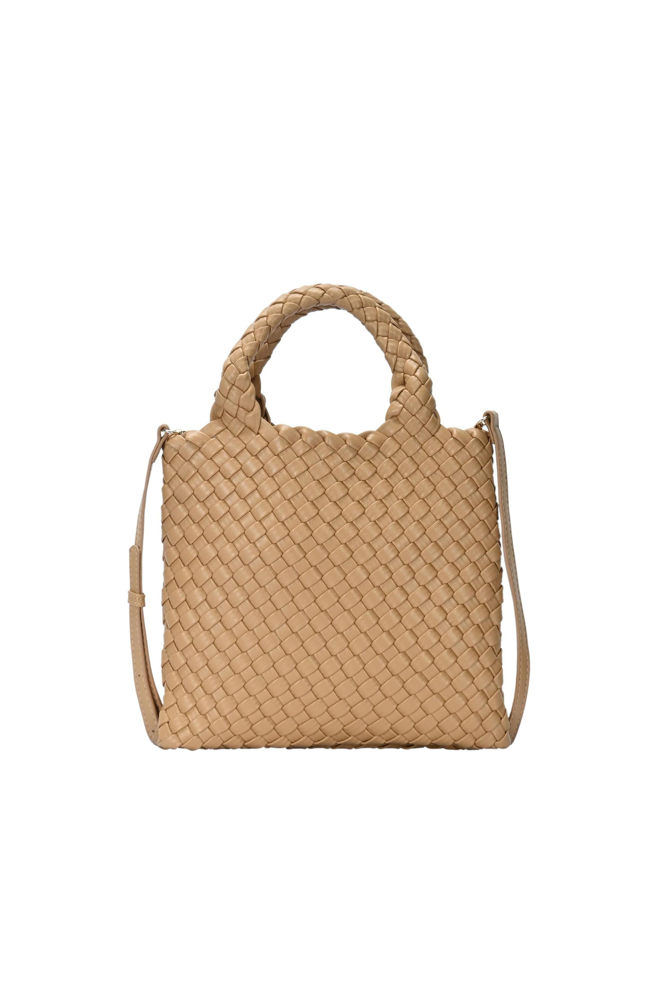 2 in 1 Woven Handle Tote Bag with Clutch Set in Tan_Front
