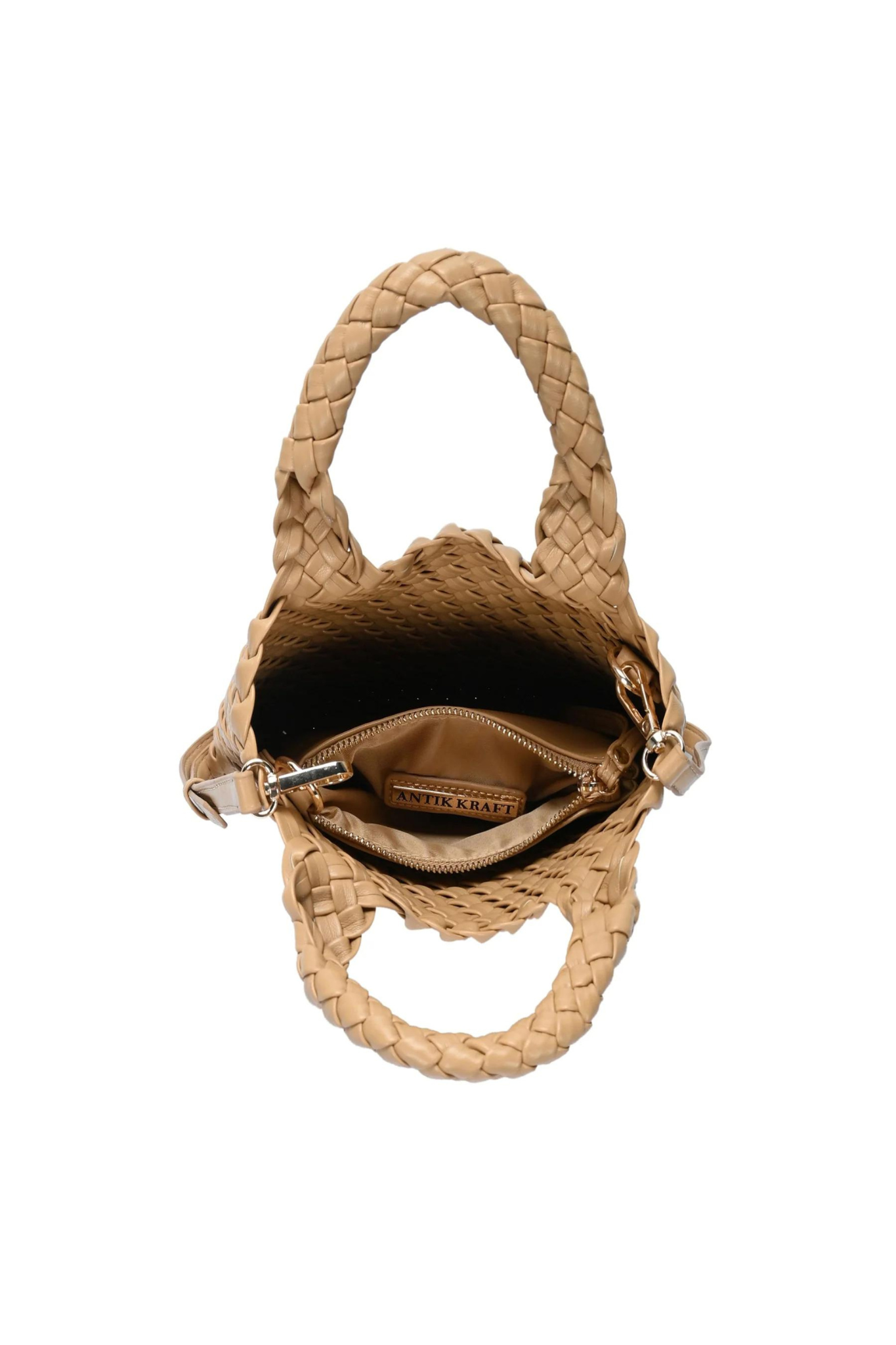 2 in 1 Woven Handle Tote Bag with Clutch Set in Tan_Interior