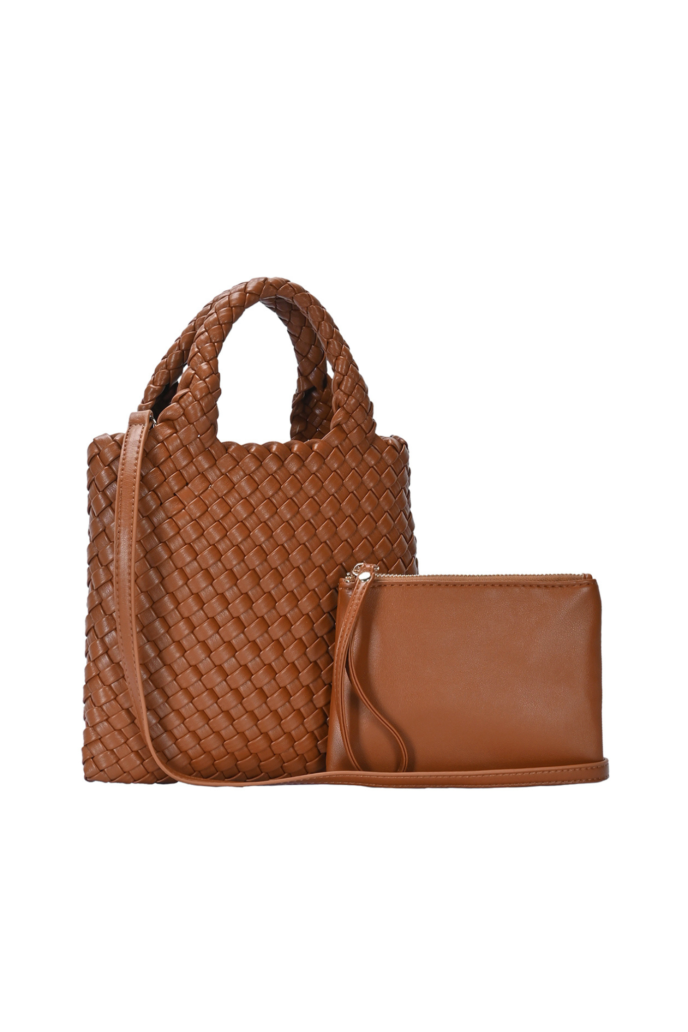 2 in 1 Woven Handle Tote Bag with Clutch Set in Camel_Angle