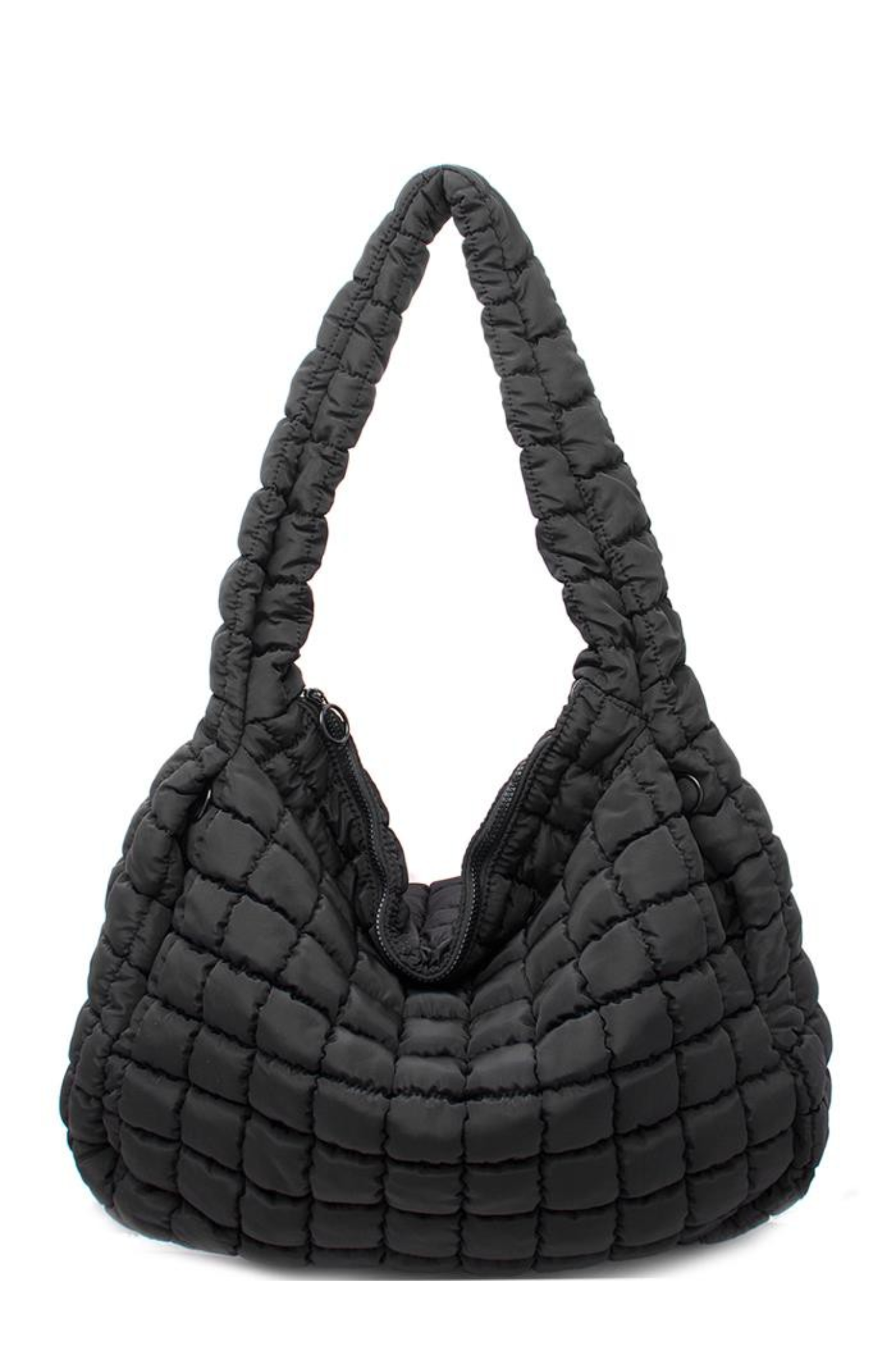 View 1 of Cleo Quilted Hobo Bag in Black, a Bags from Larrea Cove. Detail: 
<div class="Flex-sc-14t19kd-0 Column-sc-4nf49i-0 ...