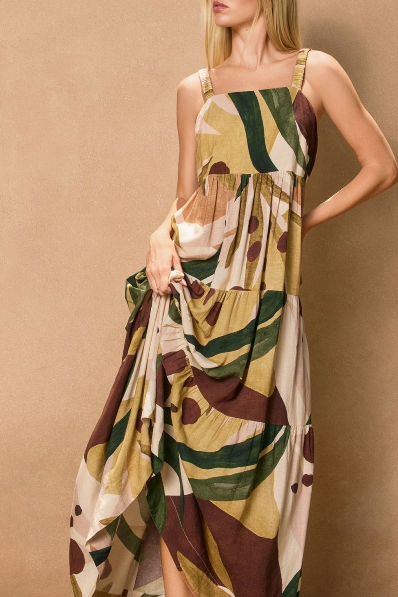 Margo Babydoll Tiered Maxi Dress in soft hues, embodying Larrea Cove's boho coastal style. Perfect for effortless, breezy summer days.