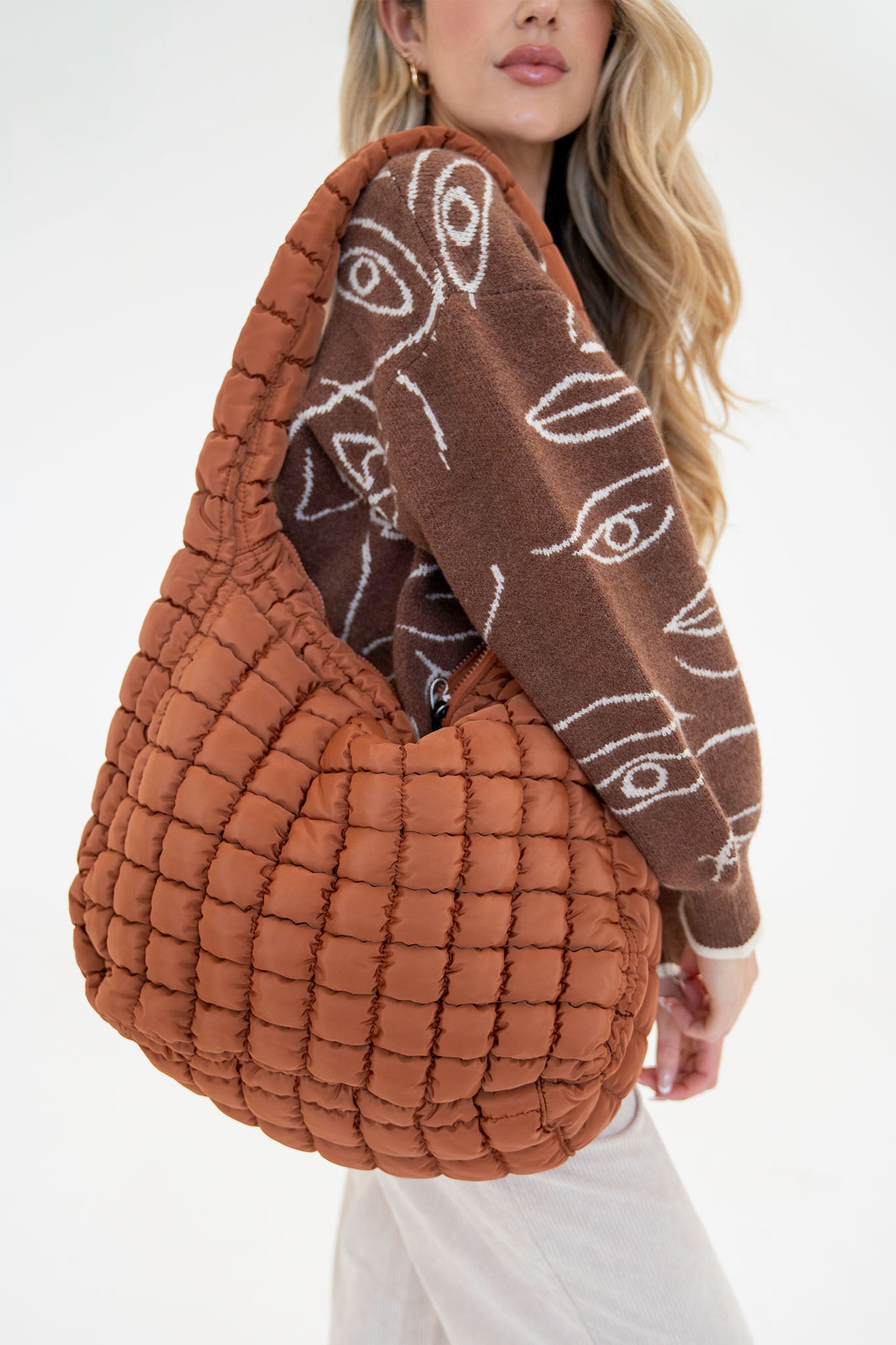 Cleo Quilted Hobo Bag in Caramel
