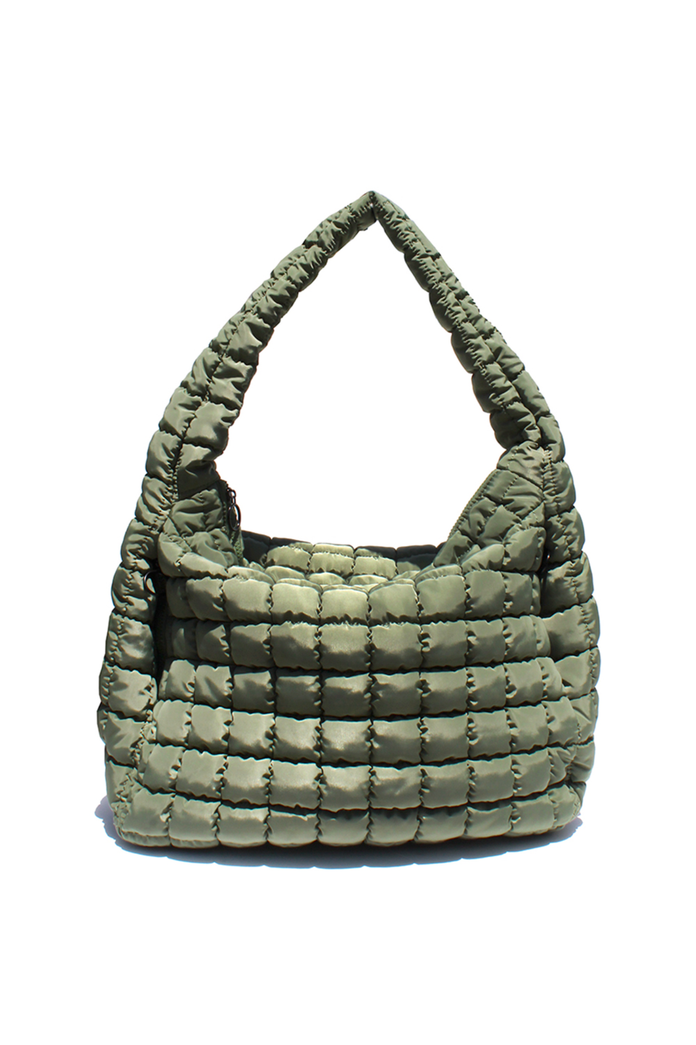 View 1 of Cleo Quilted Hobo Bag in Washed Army, a Bags from Larrea Cove. Detail: 
<div class="Flex-sc-14t19kd-0 Column-sc-4nf...