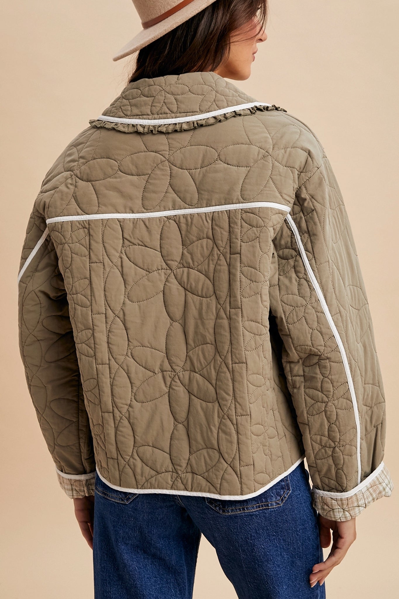 Embrace boho charm with Larrea Cove's Meadow Trail Quilted Jacket in olive, perfect for layering from our new arrivals collection.