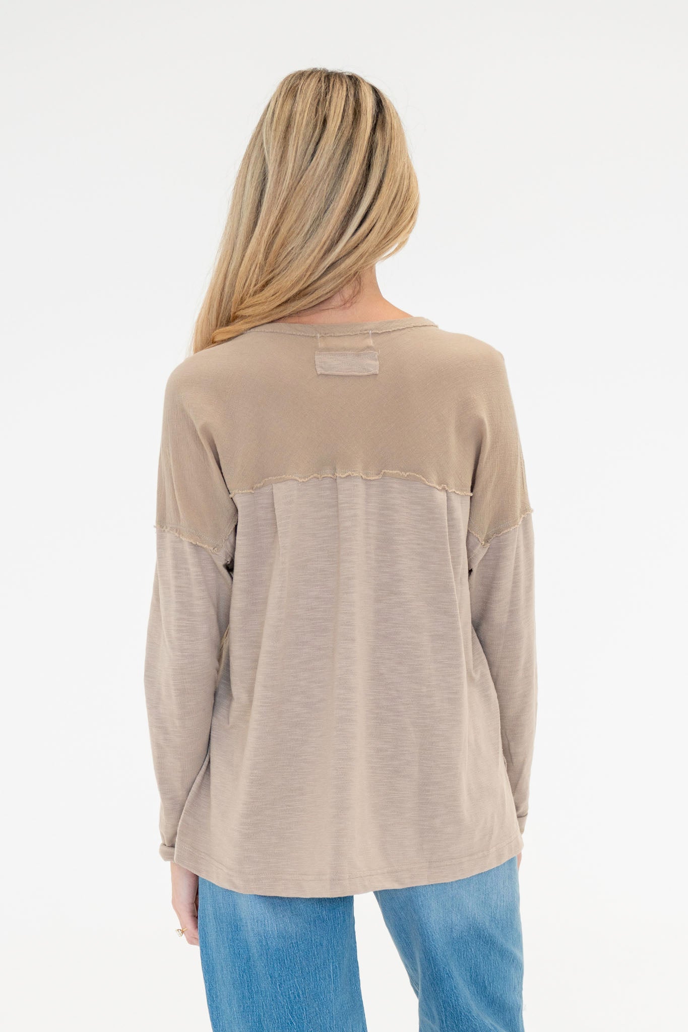 View 3 of Freesia Henley in Taupe, a Tops from Larrea Cove. Detail: .