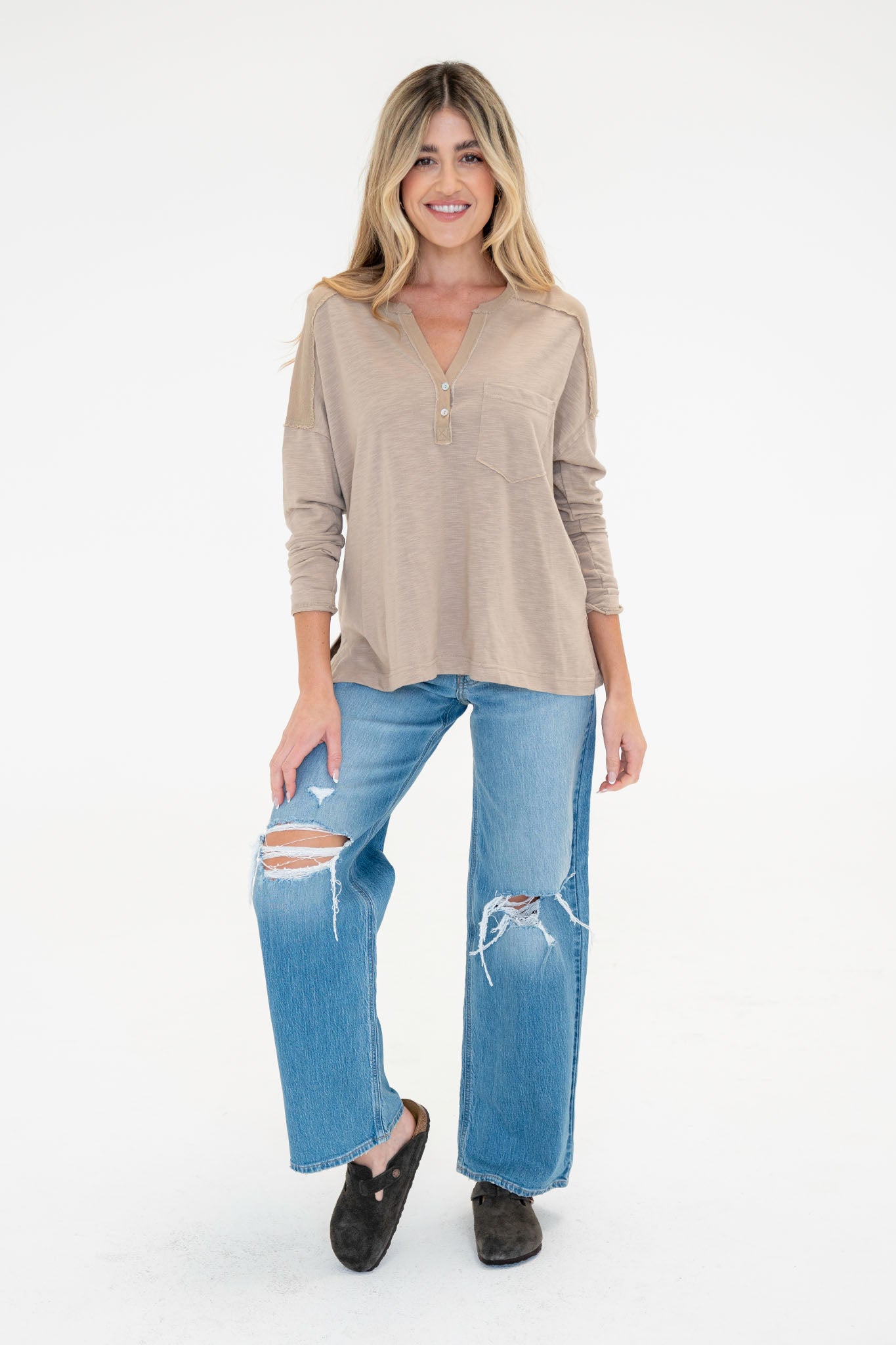View 2 of Freesia Henley in Taupe, a Tops from Larrea Cove. Detail: .