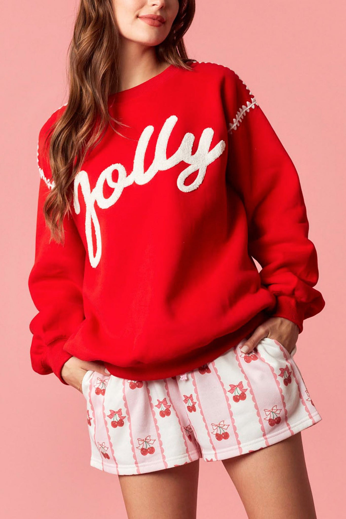 Jolly Contrast Stitching Sweatshirt in Red