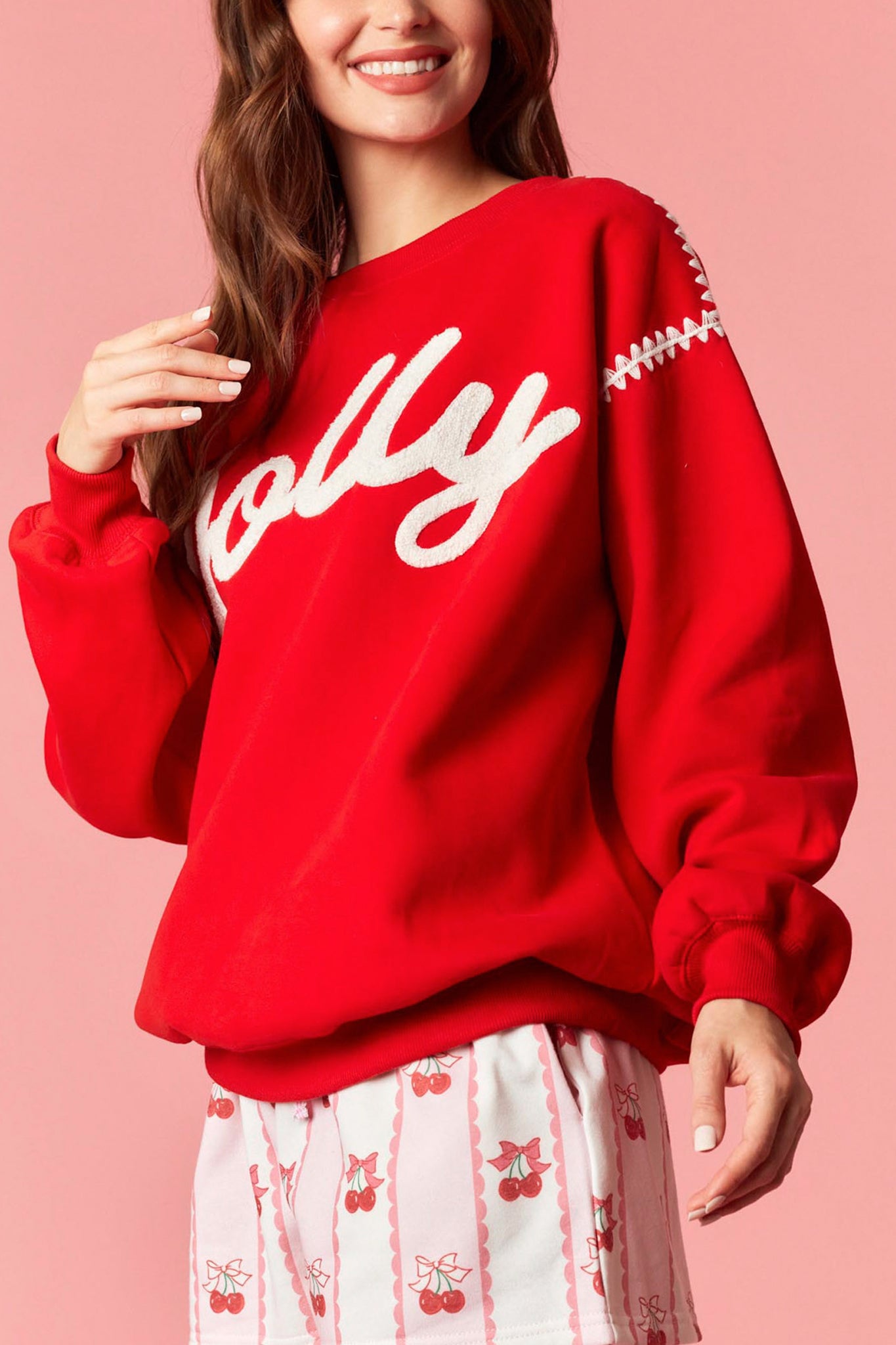 Jolly Contrast Stitching Sweatshirt in Red