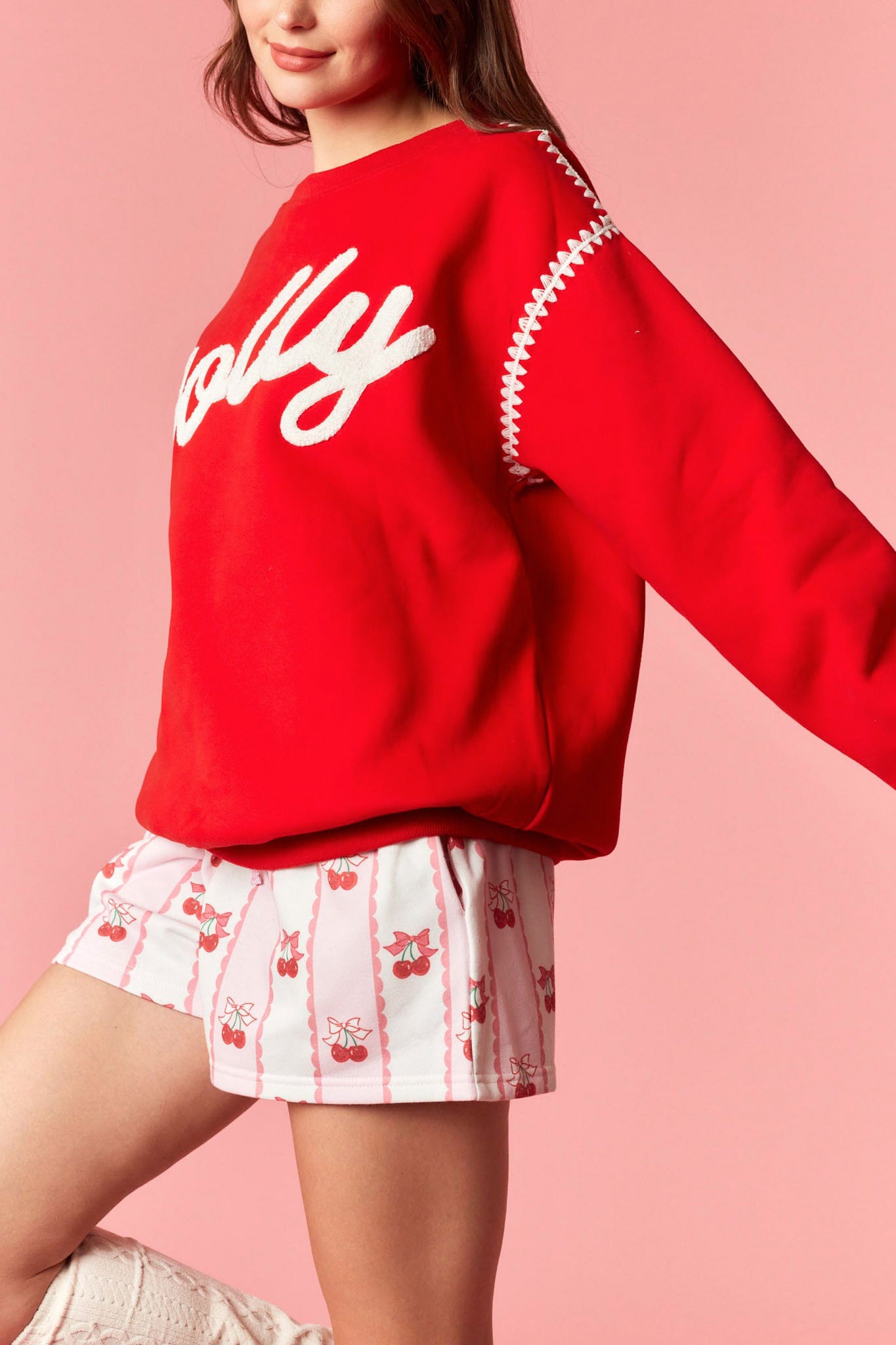 Jolly Contrast Stitching Sweatshirt in Red
