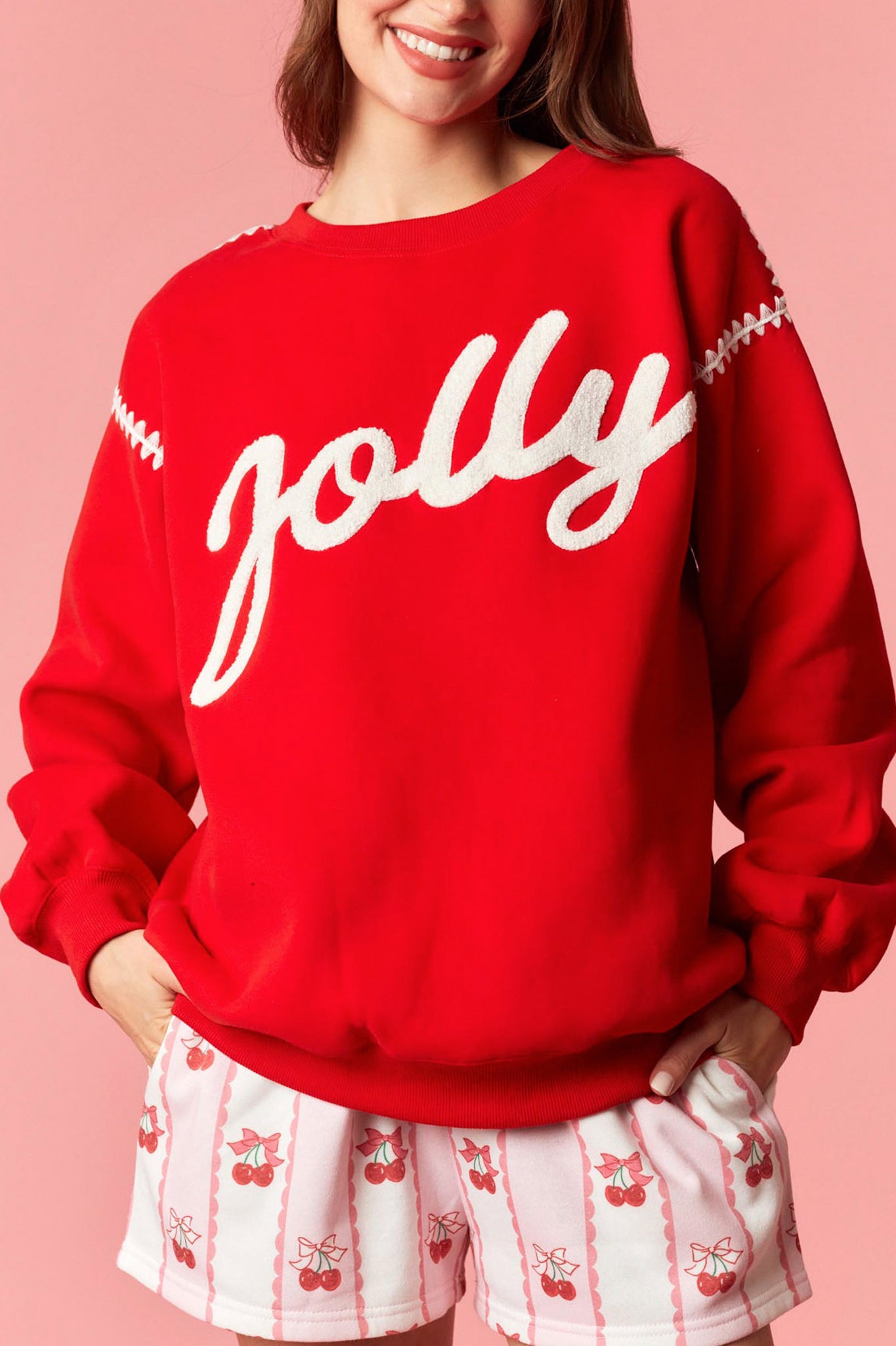 Jolly Contrast Stitching Sweatshirt in Red