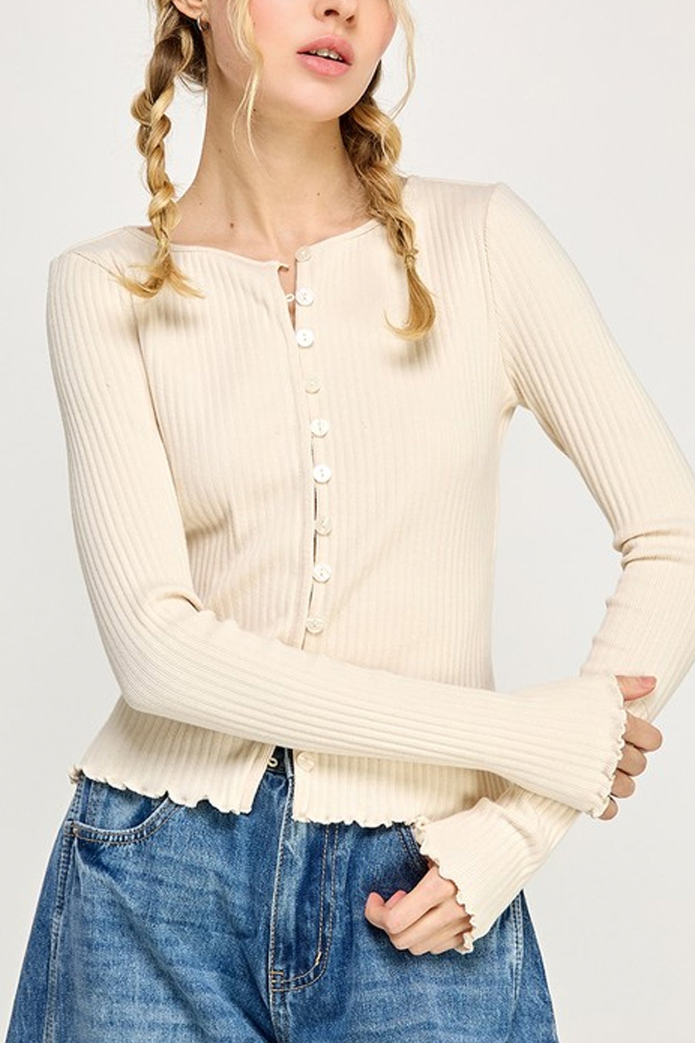 Embrace coastal serenity with Larrea Cove's long sleeve ribbed cardi, a bohemian top from our new arrivals collection.