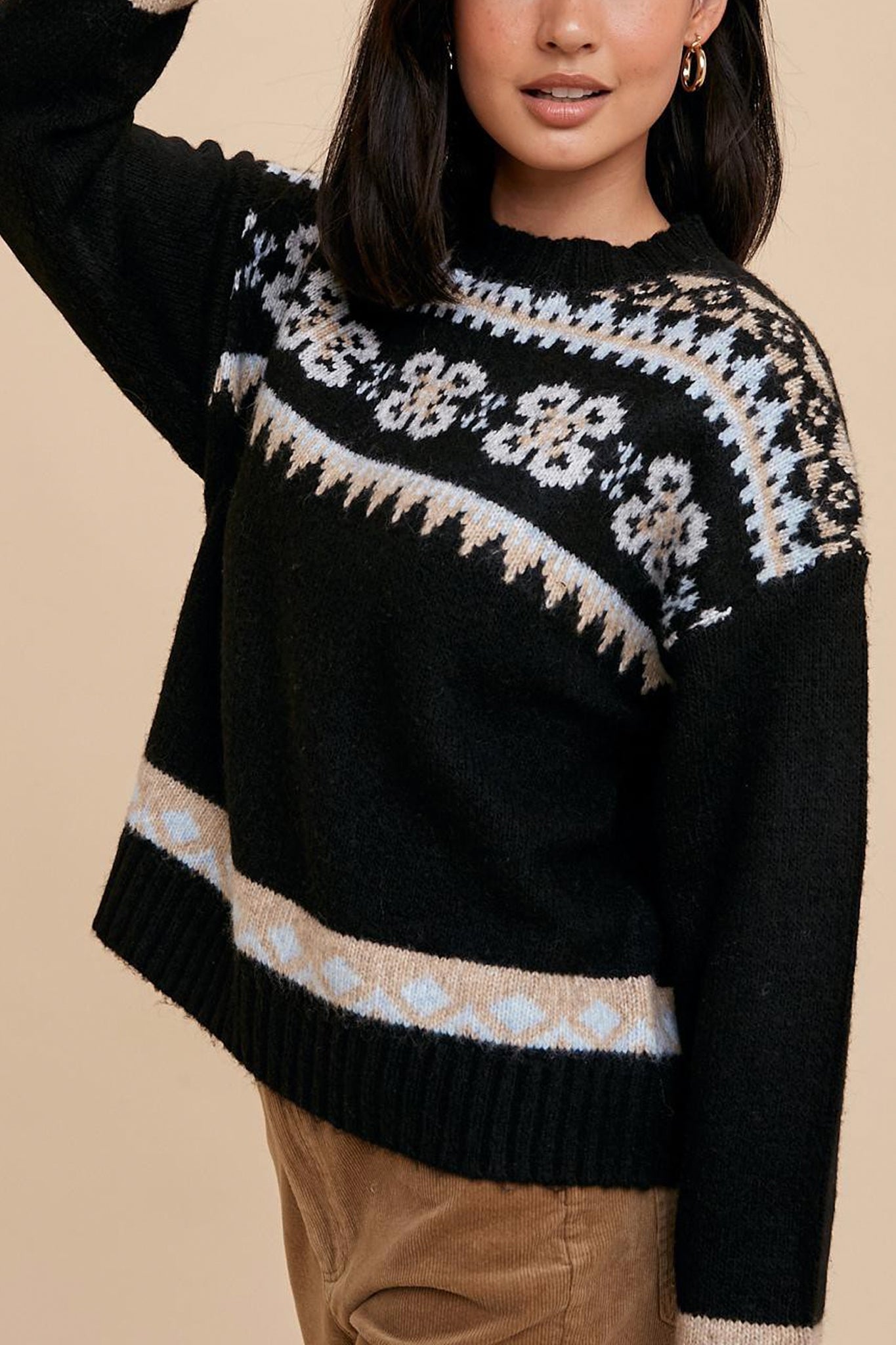 Moonshine Fair Isle Crewneck Sweater in Black