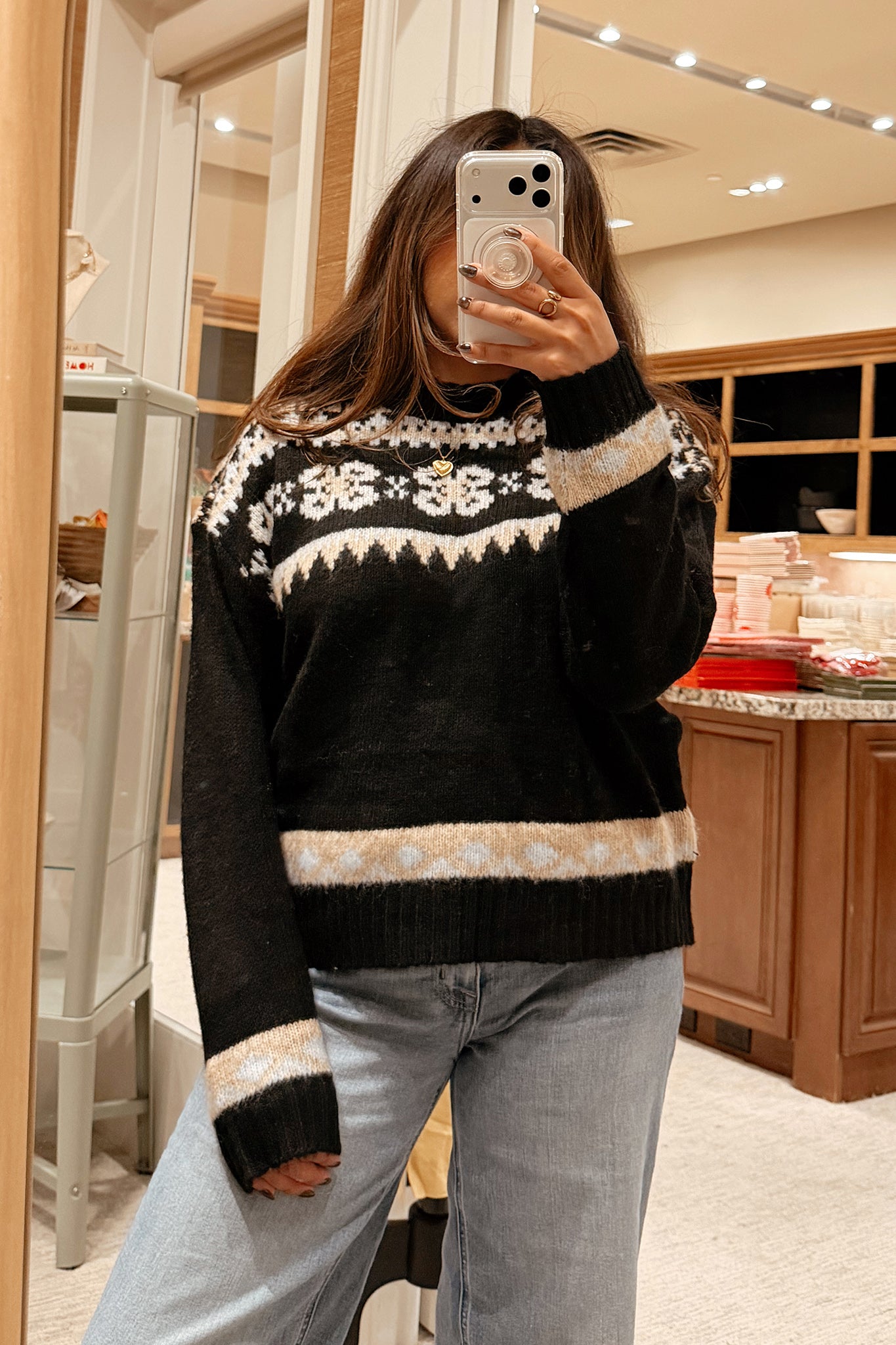 Moonshine Fair Isle Crewneck Sweater in Black