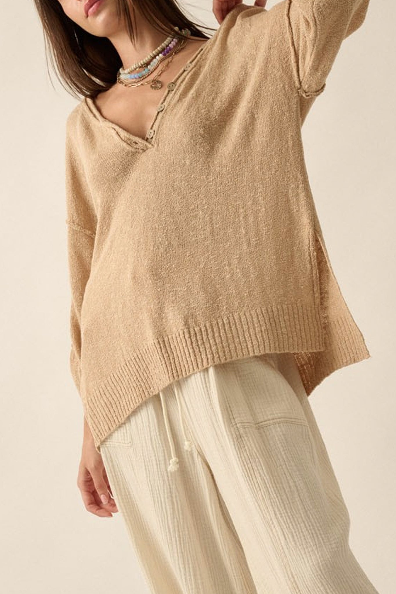 Oversized Henley Sweater Top
