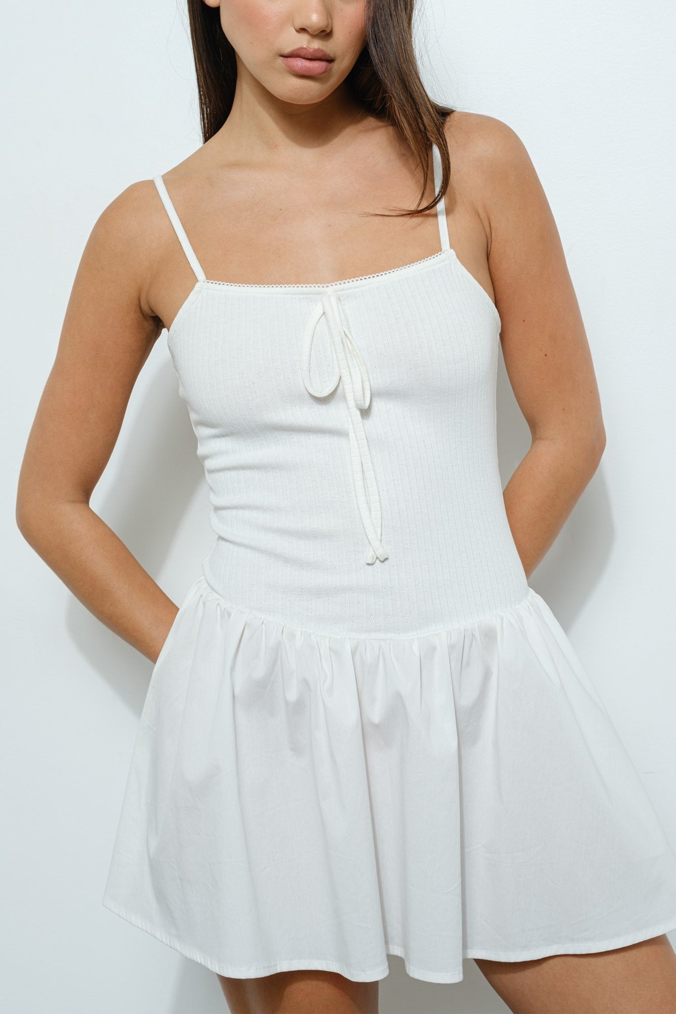 Pointelle Knit & Poplin Mini Dress in Off White